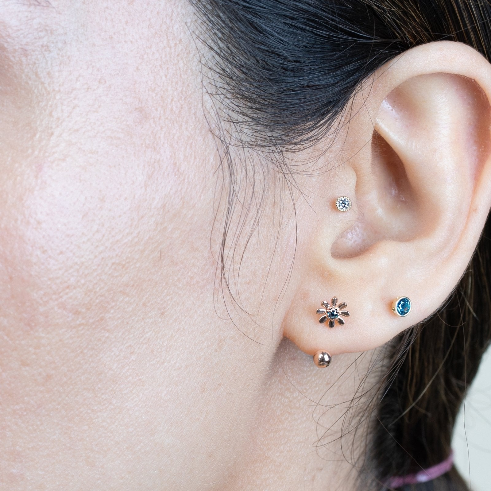 14k Rose Gold Reversible Huggie Hoop Earrings - Blue Diamond Flower & Ball Design | Perfect for Everyday Wear, Date Nights & Special Occasions