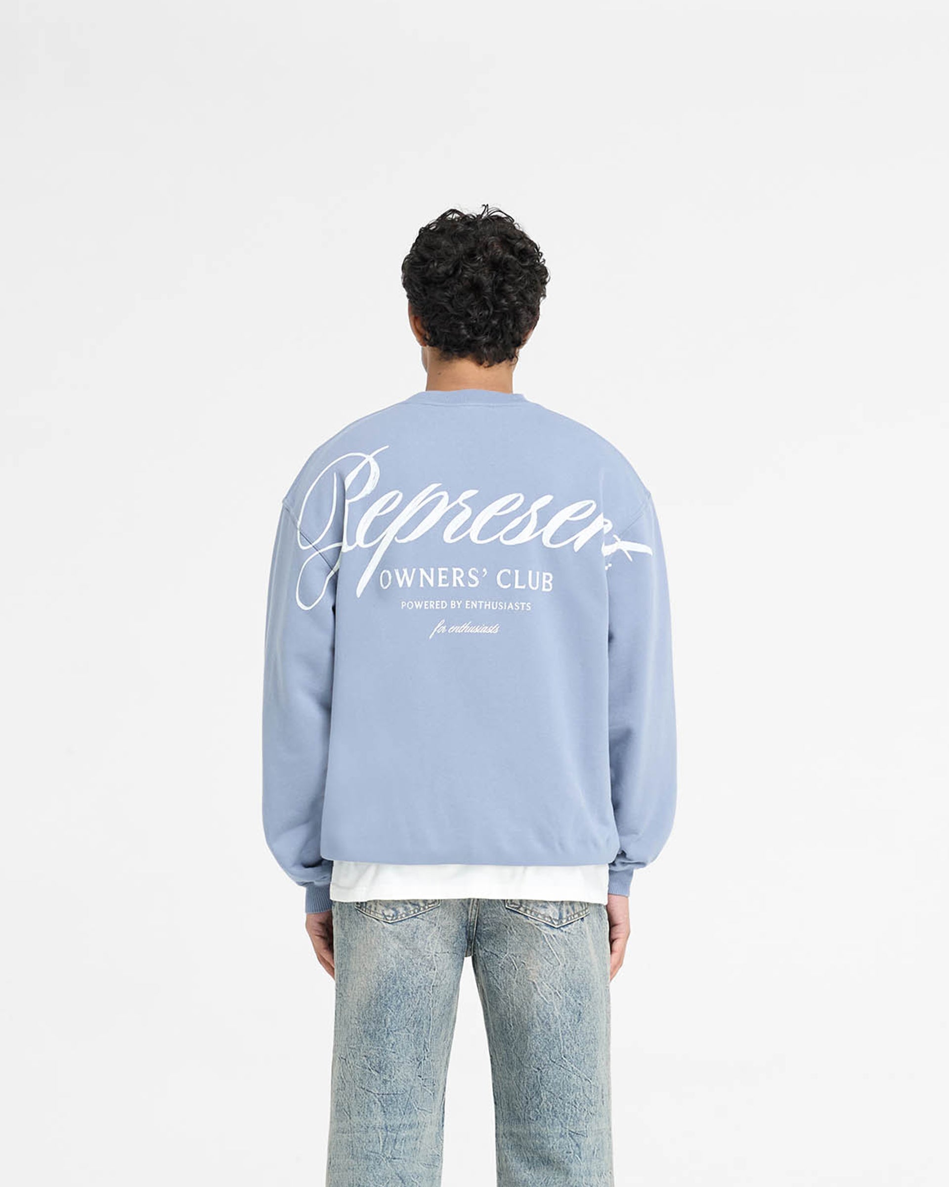Represent Owners Club Script Sweater - Dusty Blue | Trendy Oversized Knit Pullover | Perfect for Streetwear & Casual Outfits