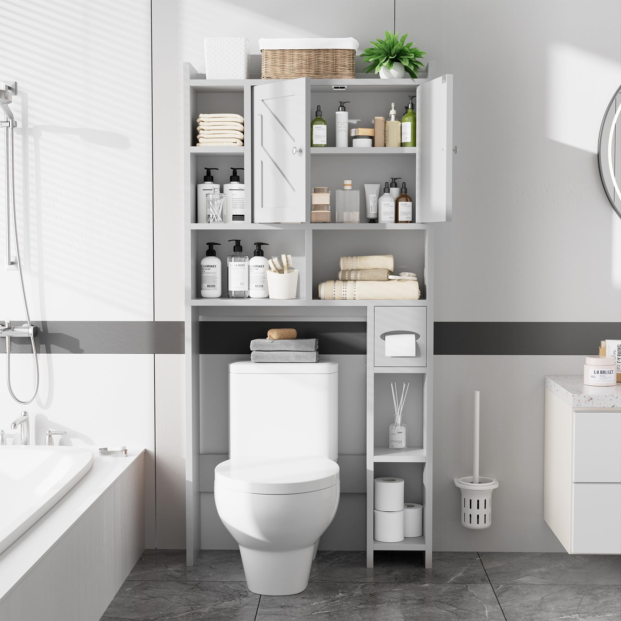 Meilocar Over The Toilet Storage Cabinet - Freestanding Farmhouse Bathroom Organizer with Adjustable Shelf & Toilet Paper Holder, White | Space-Saving Storage for Small Bathrooms, Apartments & Powder Rooms
