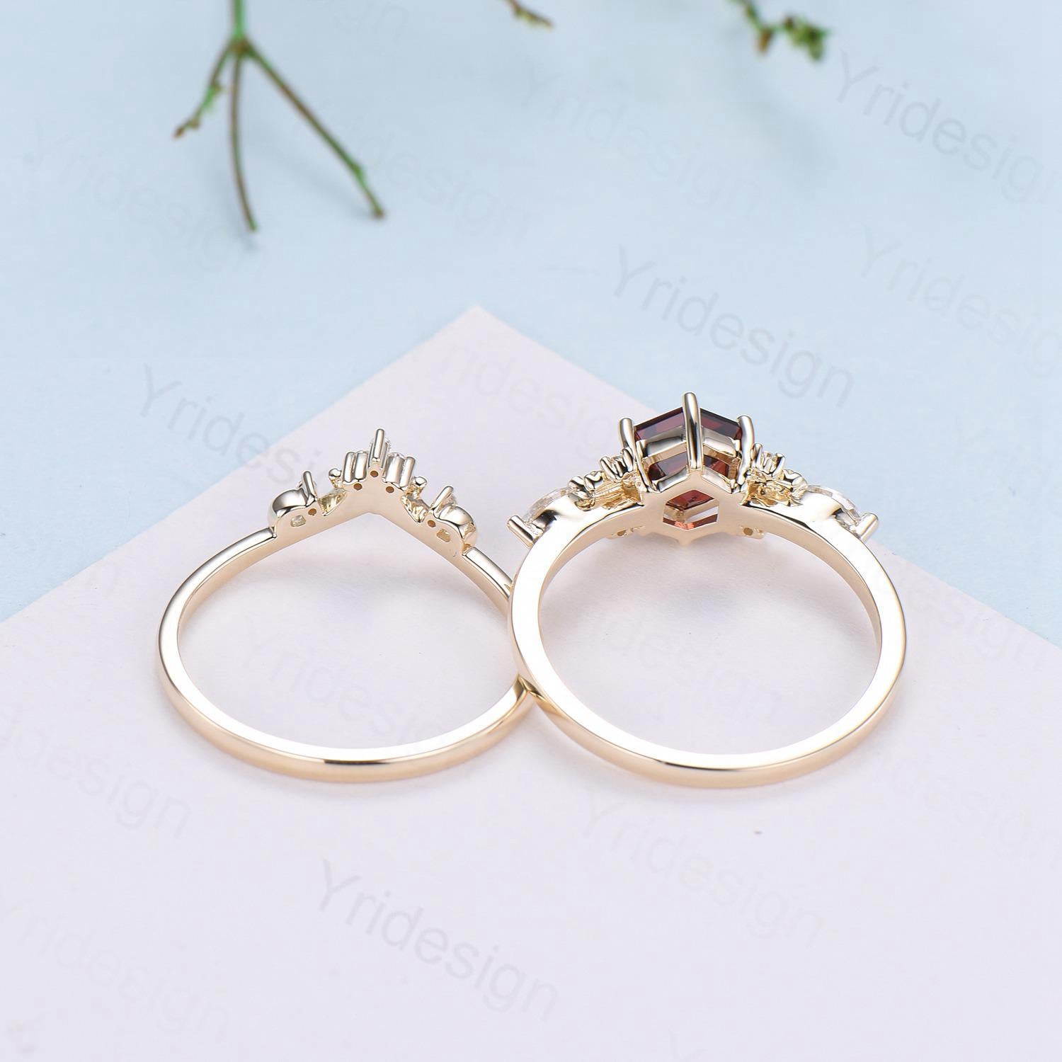 14K Yellow Gold Hexagon Garnet Engagement Ring Set - Nature Inspired Leaf Vine Wedding Band - January Birthstone Jewelry for Women - Perfect for Proposals, Anniversaries & Special Occasions
