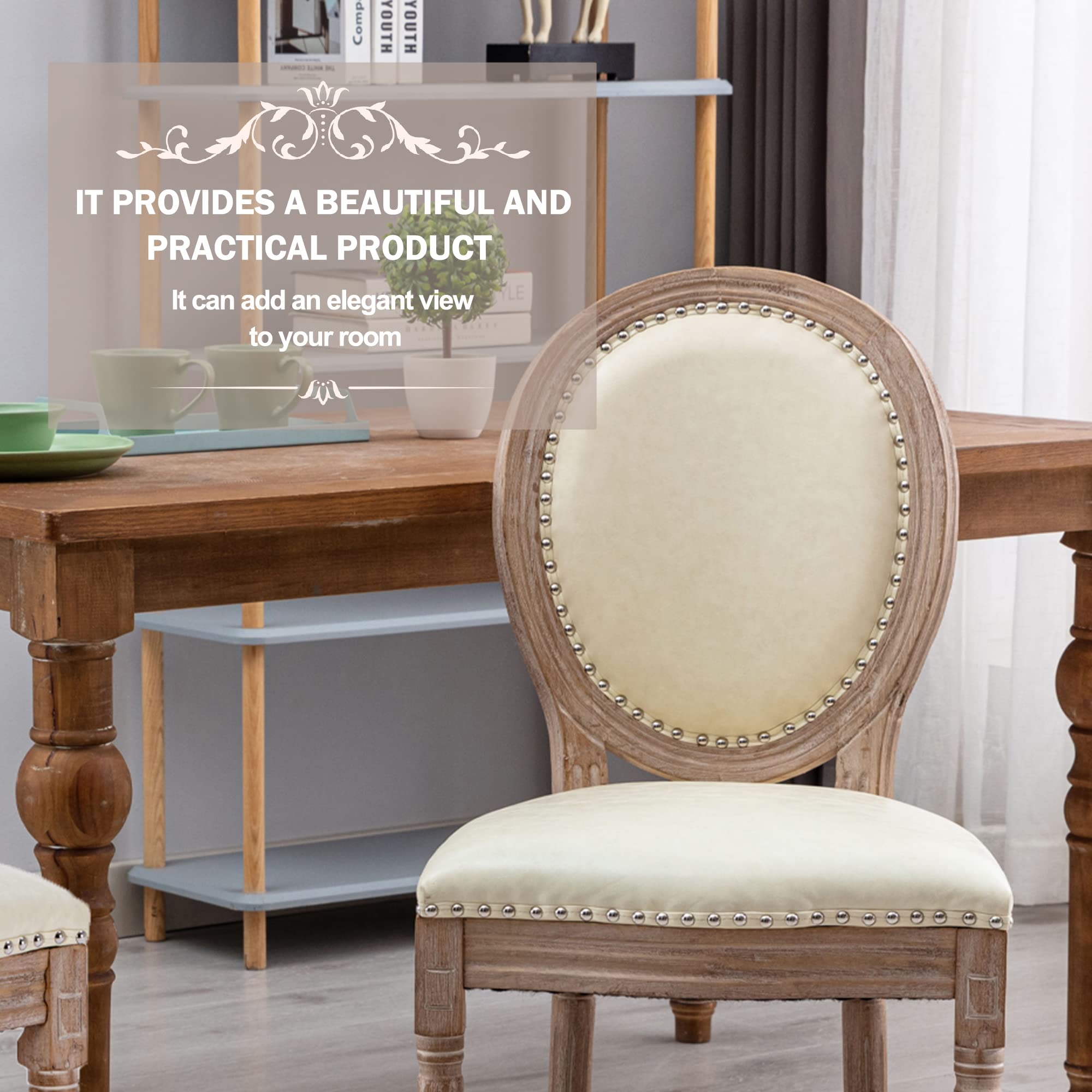 Nrizc French Country Dining Chairs Set of 2 - Genuine Leather Farmhouse Kitchen Chairs with Round Back & Solid Wood Legs - Elegant Oval Side Chairs for Dining Room, Bedroom, Kitchen or Breakfast Nook - Perfect for Farmhouse Decor, Rustic Weddings and Cozy Family Gatherings