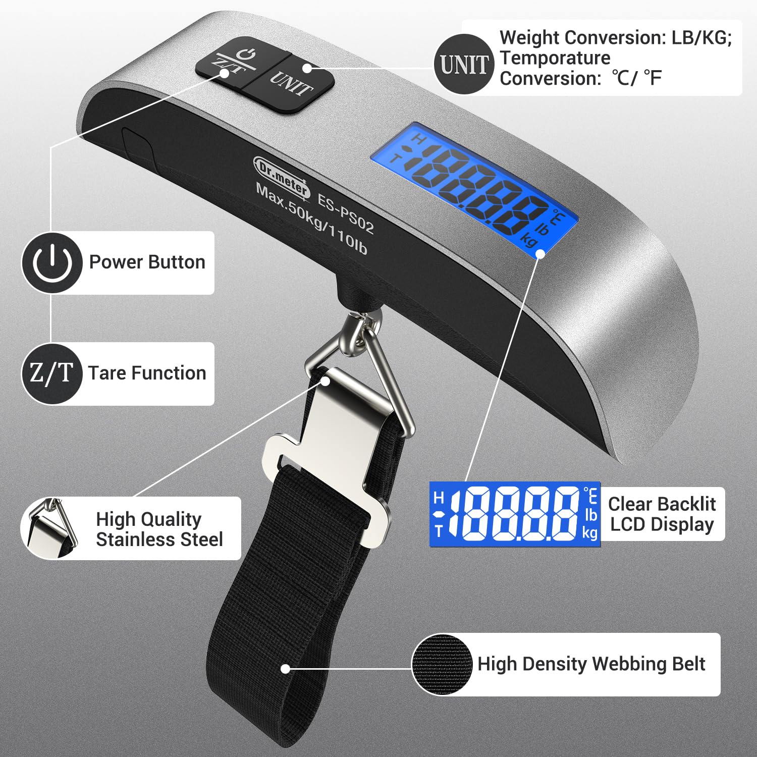 Dr.meter PS02 Digital Luggage Scale - 110lb/50kg Capacity with Backlit LCD Display, Temperature Sensor & Rubber Grip - Perfect for Air Travel, Shipping & Postal Weighing Needs (Silver)