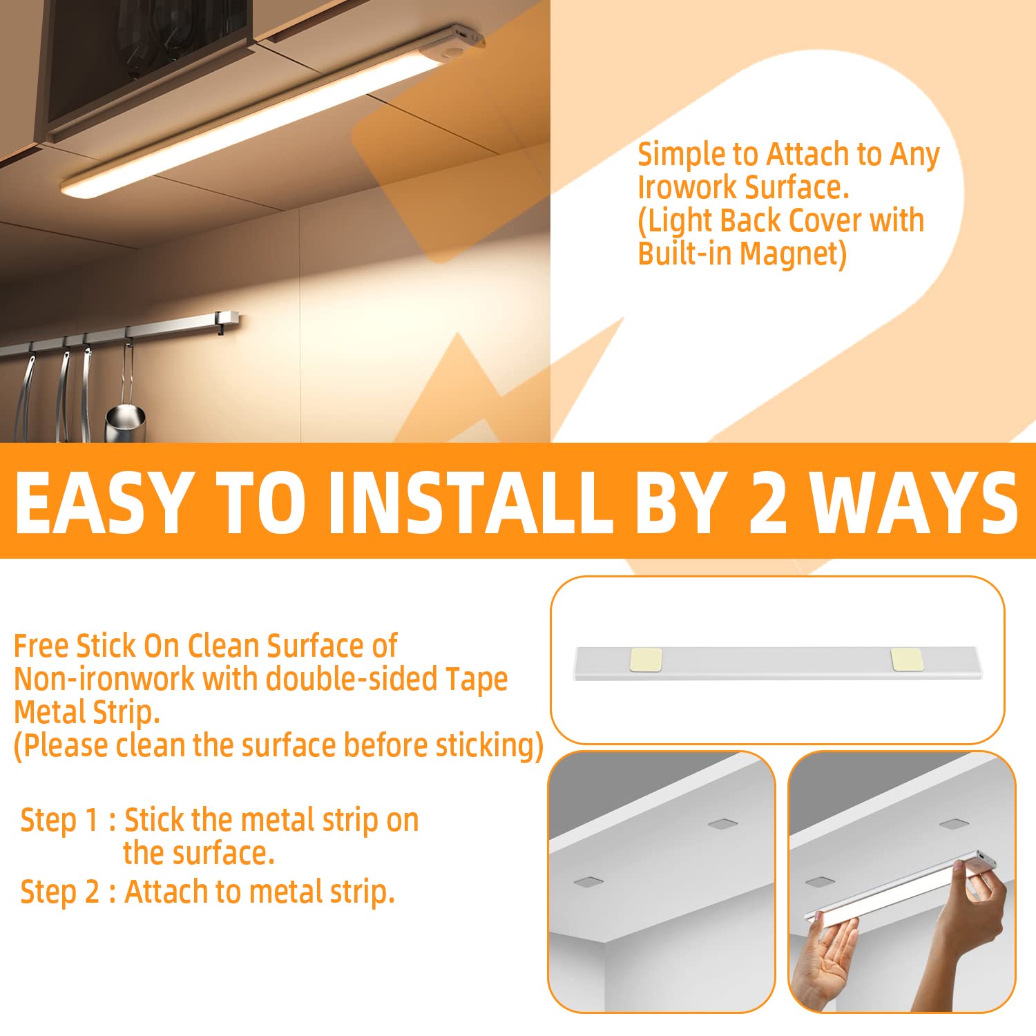 Lychico 40 LED Motion Sensor Under Cabinet Lights (20cm, 6000K Cool White) - USB Rechargeable Battery Powered Night Lights with Magnetic Strip - Pack of 4 - Perfect for Kitchen, Closet, Stairway & Bedroom Lighting