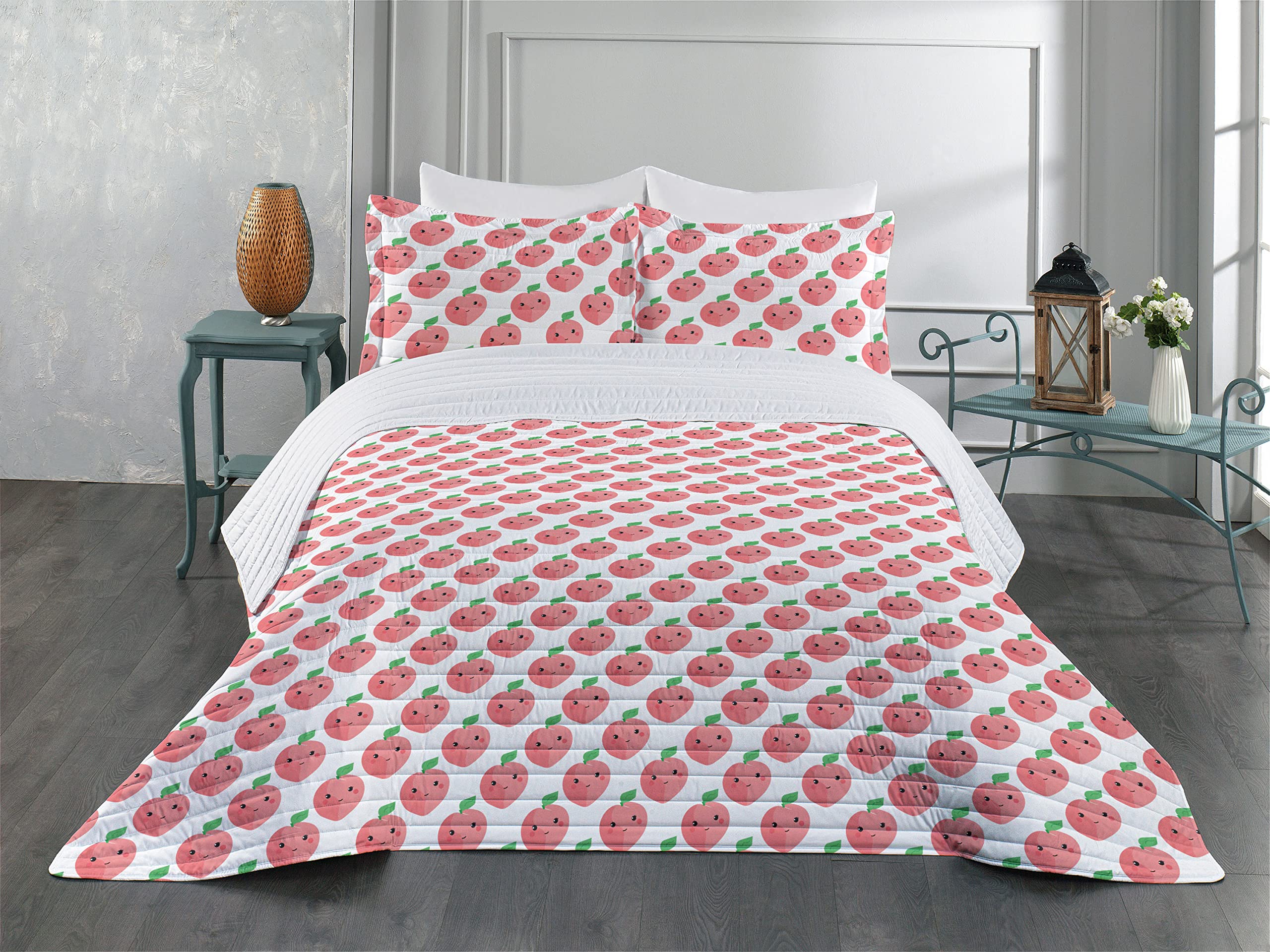 Ambesonne Peach Microfiber Bedspread Set - Kawaii Style Fruit Pattern with Smiling Faces, Soft Queen Size Comforter & Pillow Shams in Pastel Pink White Green - Perfect for Kids' Rooms, Dorm Decor & Anime Themed Bedrooms