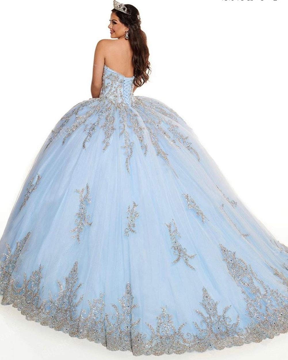 Emanni Women's Sweetheart Ball Gown Quinceanera Dress - Tulle Crystal Beaded Princess Sweet 16 Dress in Ice Blue | Perfect for Quinceañera, Prom, Wedding & Formal Events
