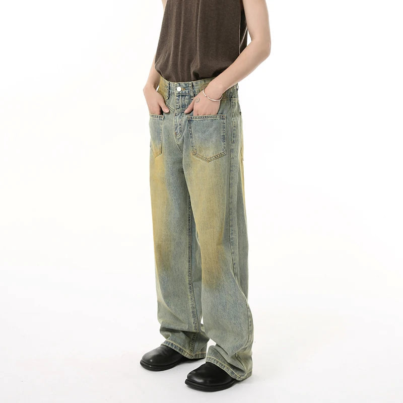 American Style Men's Reversible Contrast Color Distressed Straight Wide Leg Washed Denim Jeans - Casual Wear & Street Fashion | New Arrival 9W1846