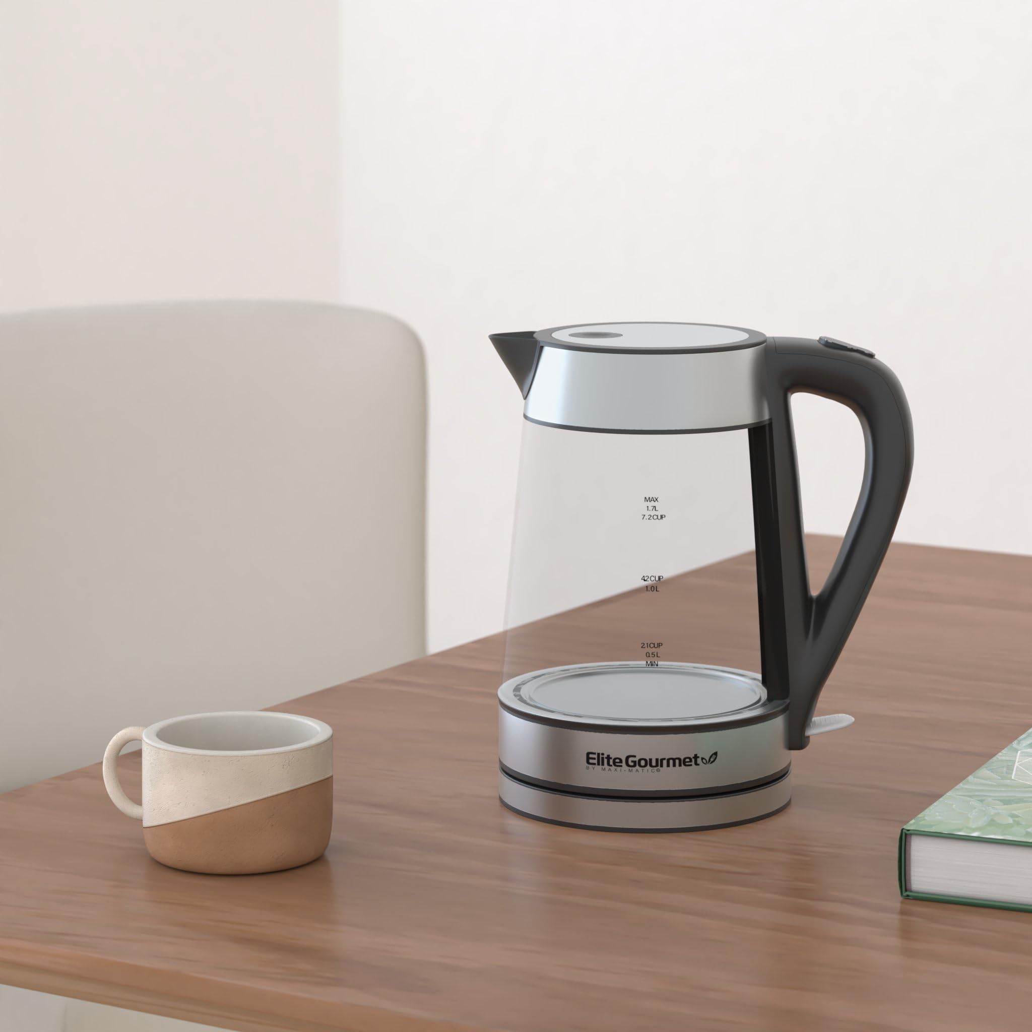 Elite Gourmet EKT-602 Electric Glass Kettle - BPA-Free, 360° Cordless Base, Blue LED Light, Auto Shut-Off - Fast Boiling for Tea, Coffee & Hot Drinks - Perfect for Home, Office & Dorm Use