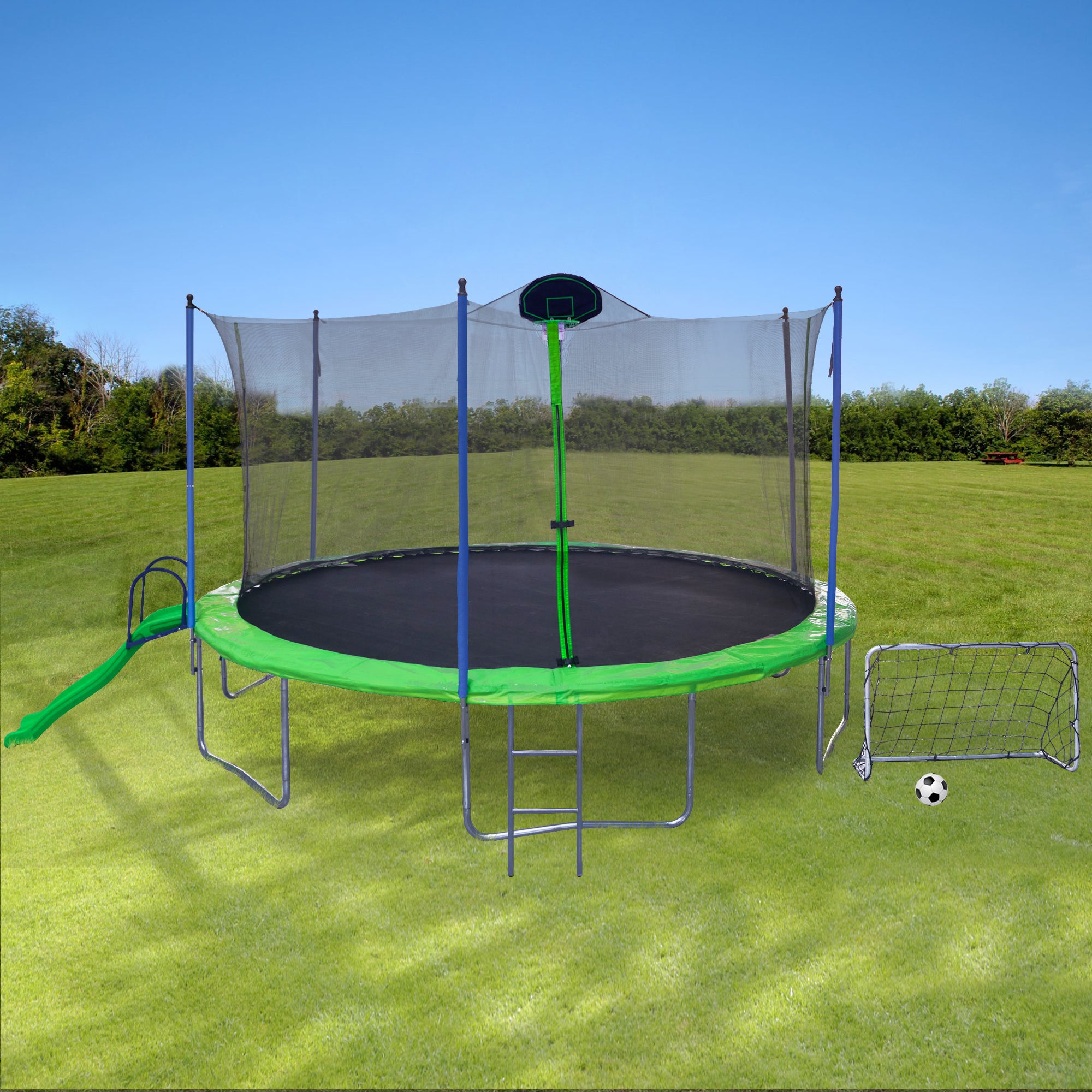 16FT Trampoline with Slide - Outdoor Trampoline for Kids & Adults with Safety Enclosure Net, Ladder, Basketball Backboard & Soccer Goal - Perfect for Backyard Fun, Family Exercise & Outdoor Play