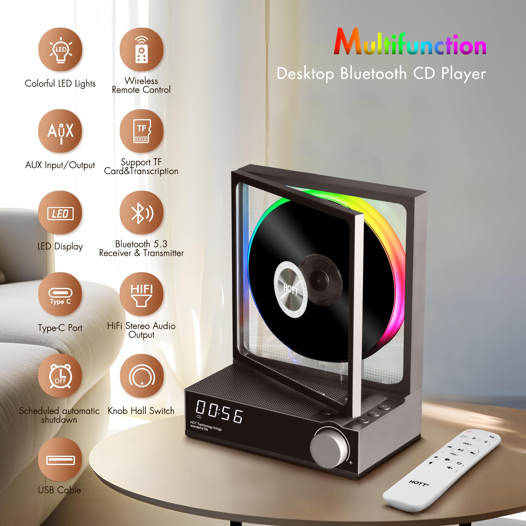 Portable CD Player with Bluetooth 5.3 & HiFi Speakers - Desktop CD Player with RGB Lights, TF/USB Playback, Transcription, LED Display & Timer - Perfect for Home Entertainment & Music Lovers (Grey)
