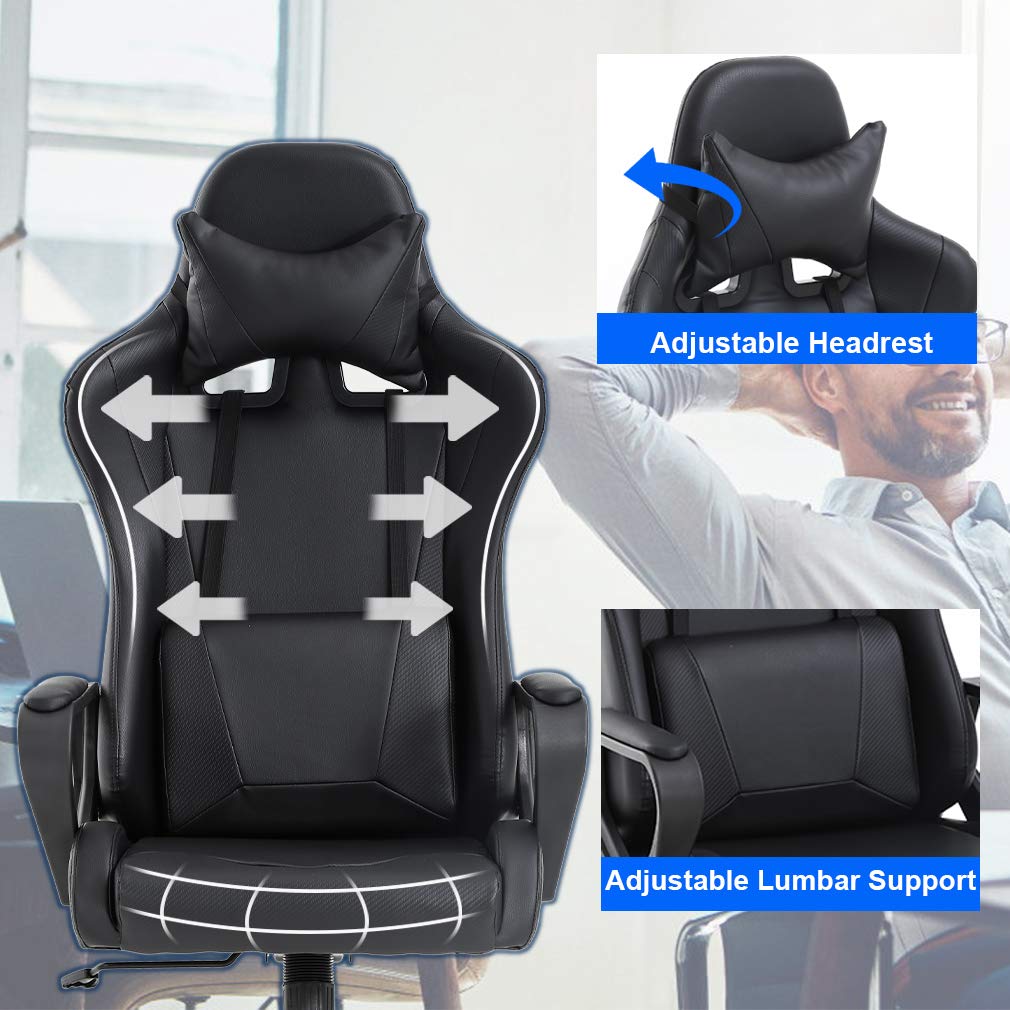 Premium Ergonomic Gaming & Office Chair - High Back PU Leather Executive PC Racing Chair with Adjustable Lumbar Support, Headrest & Armrest - Swivel Rolling Task Chair for Home, Office & Esports (Black) - Perfect for Long Gaming Sessions, Remote Work & Computer Use