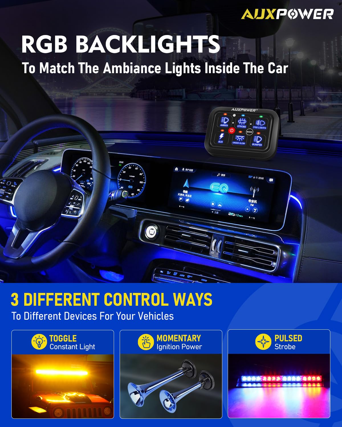 Auxpower 6 Gang RGB Dimmable Toggle Switch Panel with Momentary Pulsed LED - Automotive Auxiliary Circuit Control Relay System for Trucks, Boats, Cars (RGB A26 Switch Panel) | Perfect for Off-Road Vehicles, Marine Applications & Custom Car Interiors