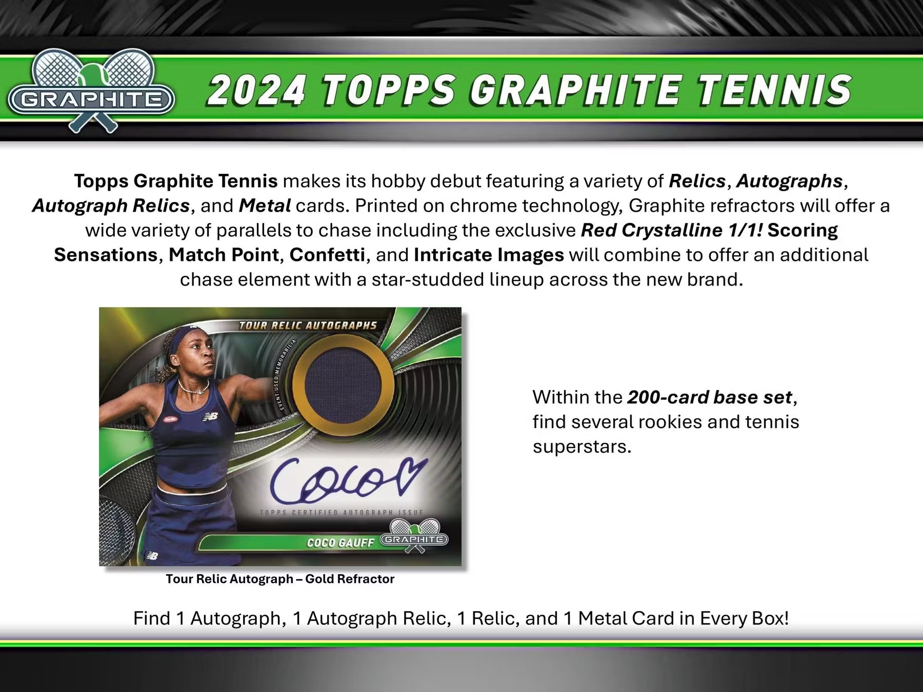 2024 Topps Graphite Tennis Hobby Box - 24 Packs with Autograph & Memorabilia Cards - Perfect for Tennis Fans & Collectors - Great for Gifts, Tournaments, and Display Collections