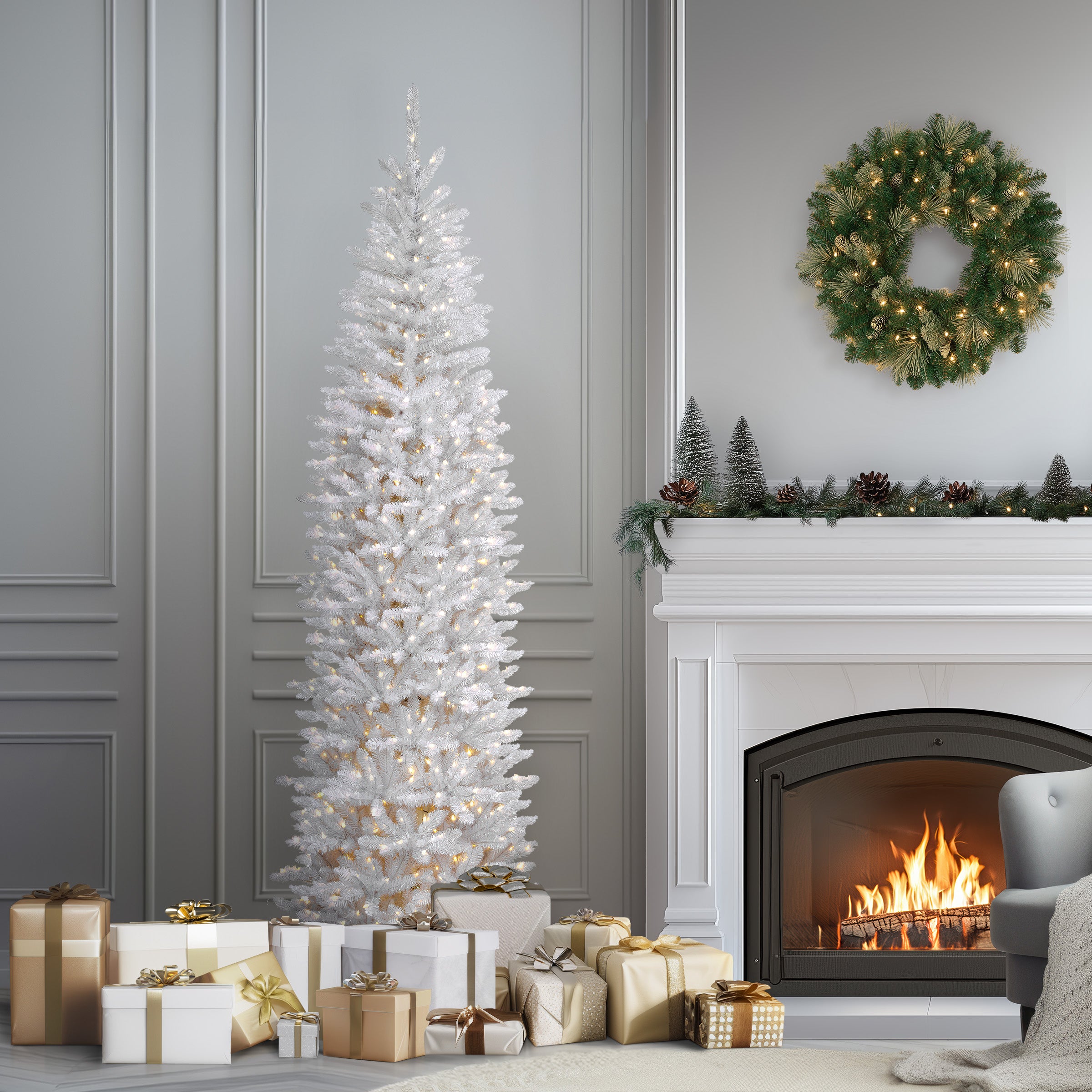 7.5 ft Pre-Lit Kingswood Fir White Pencil Christmas Tree with 600 Clear LED Lights - Perfect for Living Room, Office & Holiday Decorations