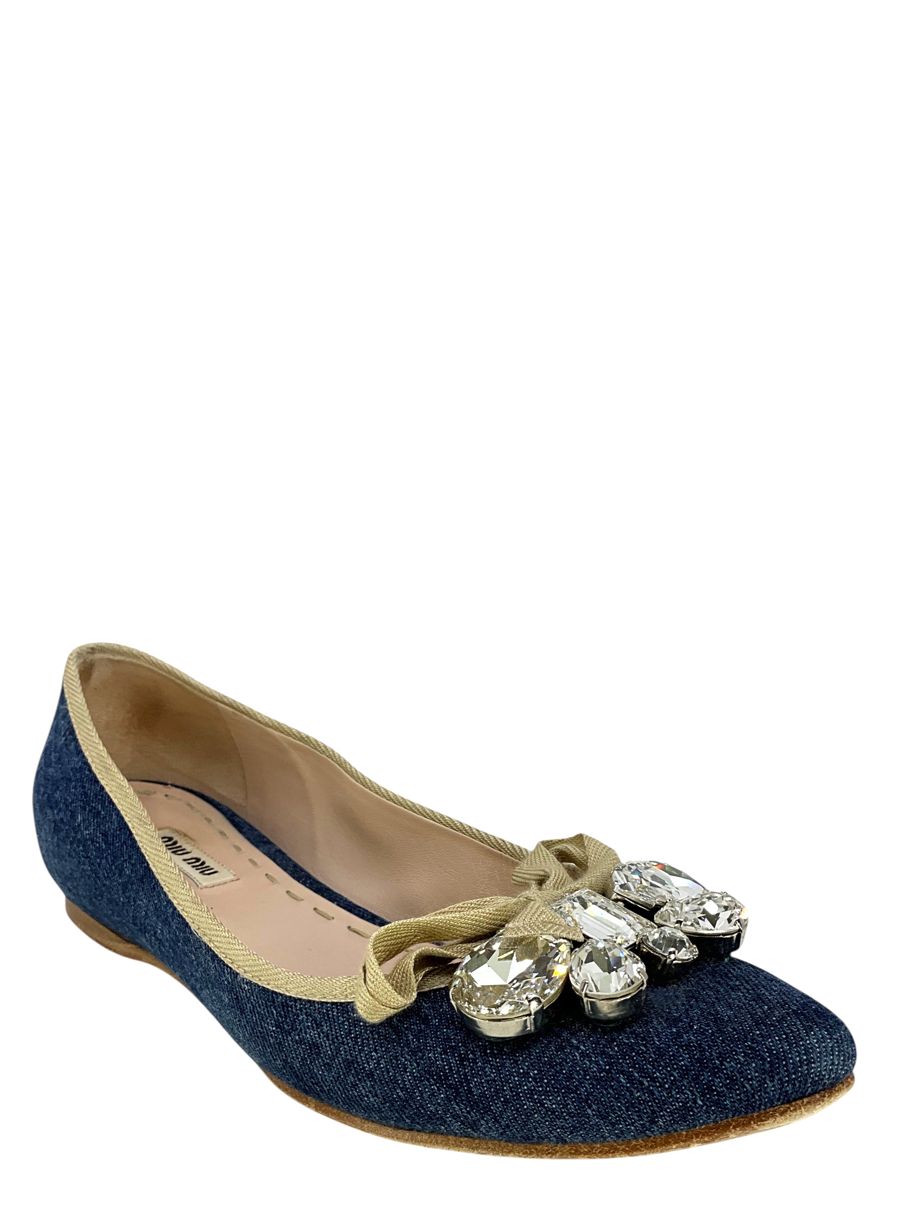 Miu Miu Washed Denim Ballet Flats for Women - Size 6 | Comfortable & Stylish Casual Shoes for Everyday Wear, Office & Date Nights