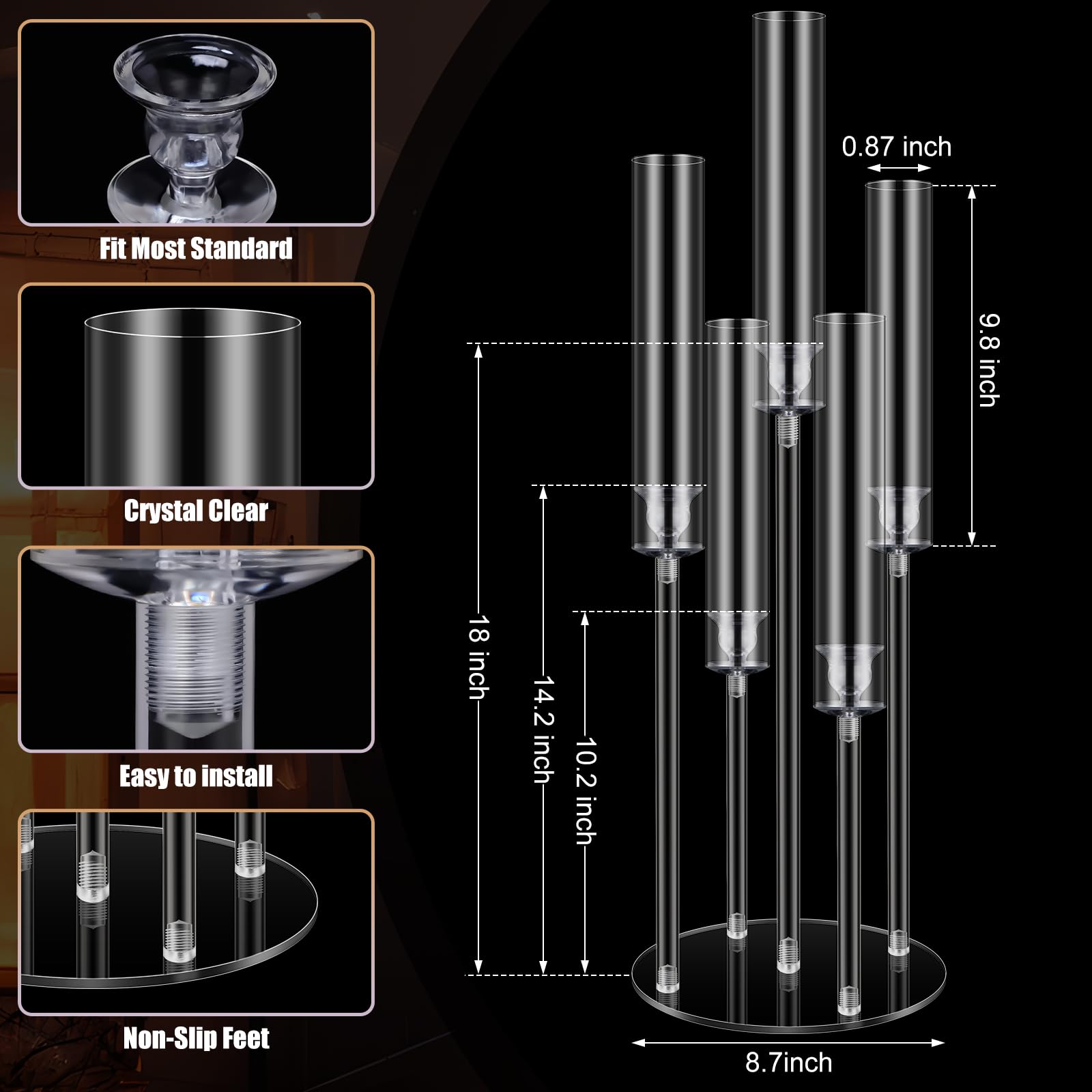 5-Arm Acrylic Clear Candelabra Centerpiece Set with LED Candles & Shades - Elegant Table Decor for Weddings, Parties, Fireplace & Dining Room (4 Sets) - Perfect for Romantic Dinners, Holiday Decorations and Special Events