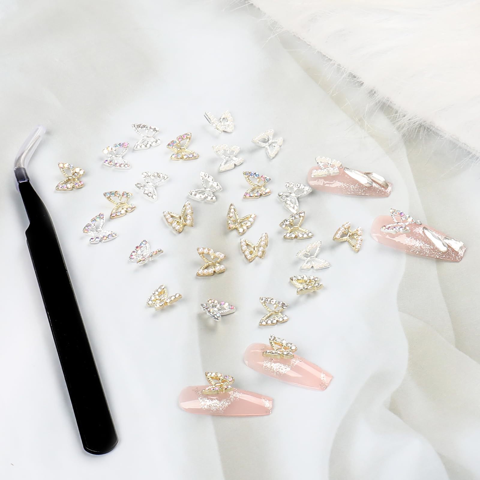 30Pcs Alloy Butterfly Nail Charms - 3D Metal Butterfly Nail Gems with Rhinestones for Acrylic Nails | Shiny Crystal Nail Art Decorations with Tweezer | Perfect for DIY Manicure, Nail Salon & Party Nail Designs
