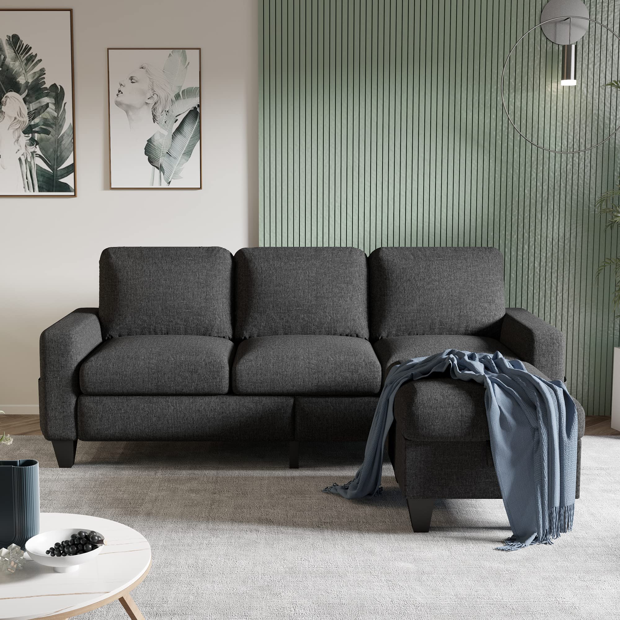 Modern L-Shaped Convertible Sectional Sofa with Reversible Chaise - Dark Grey Linen Fabric 3-Seat Couch for Living Room, Apartment, Office & Small Spaces - Perfect for Family Gatherings, Movie Nights & Home Decor