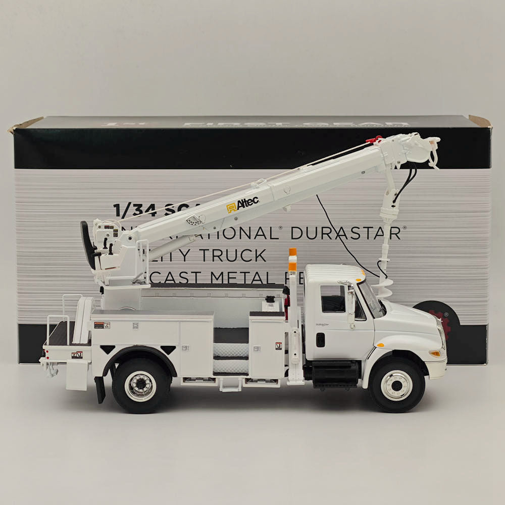 FIRST 1/34 Scale International DuraStar with Utility Digger Derrick Body - White Model 10 4053 | Diecast Truck for Collectors, Construction Enthusiasts & Model Displays