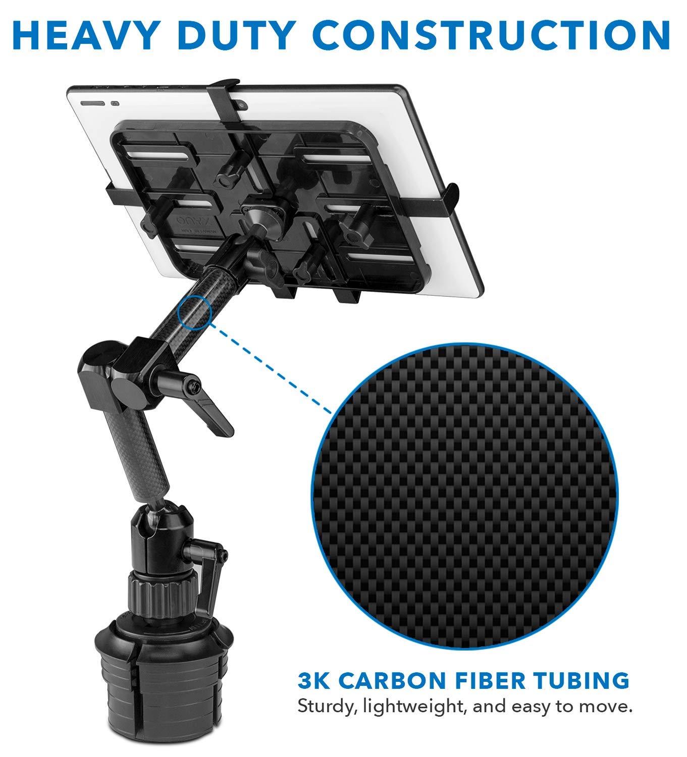 Premium Car Cup Holder Tablet Mount - Heavy Duty Carbon Fiber ELD Holder for iPad 7, Galaxy Tab & Fire Tablets | Secure Dashboard Stand for Truck Drivers, Delivery & Rideshare (MI-7321)