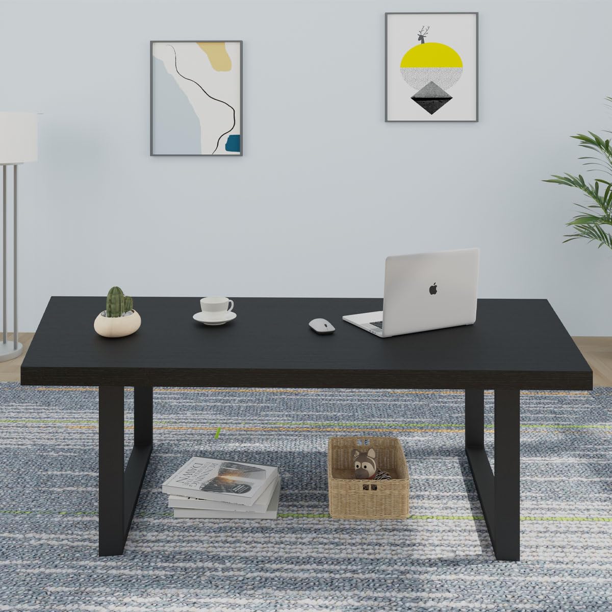 IBF Modern Black Coffee Table - Minimalist Industrial Wood & Metal Cocktail Table - 47 Inch Rectangle Living Room Center Table for Farmhouse, Home, Bedroom & Office - Black Oak Finish - Perfect for Entertaining, Reading & Decor