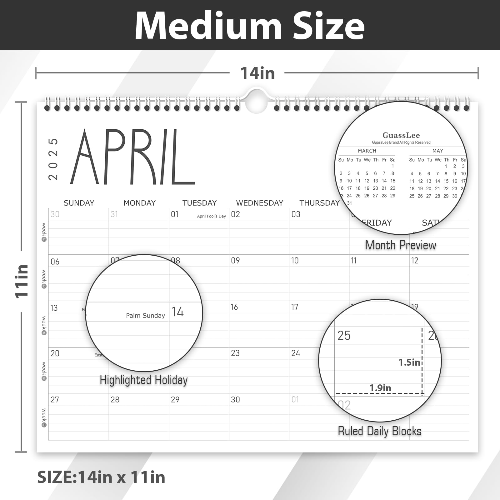 GuassLee 2025-2026 Wall Calendar Planner - 12 Month Spiral Bound Hanging Calendar (April 2025 to March 2026), 14