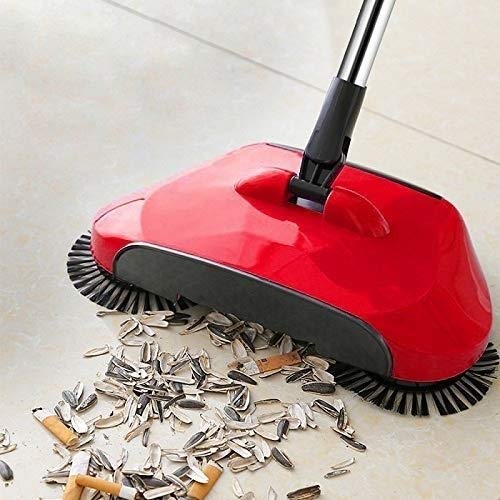 RANRANJJ 360° Rotating Floor Sweeper with Dustpan - Hand Push Broom for Hardwood & Tile Floors - Compact Cleaning Tool for Home, Office & Garage (Red)