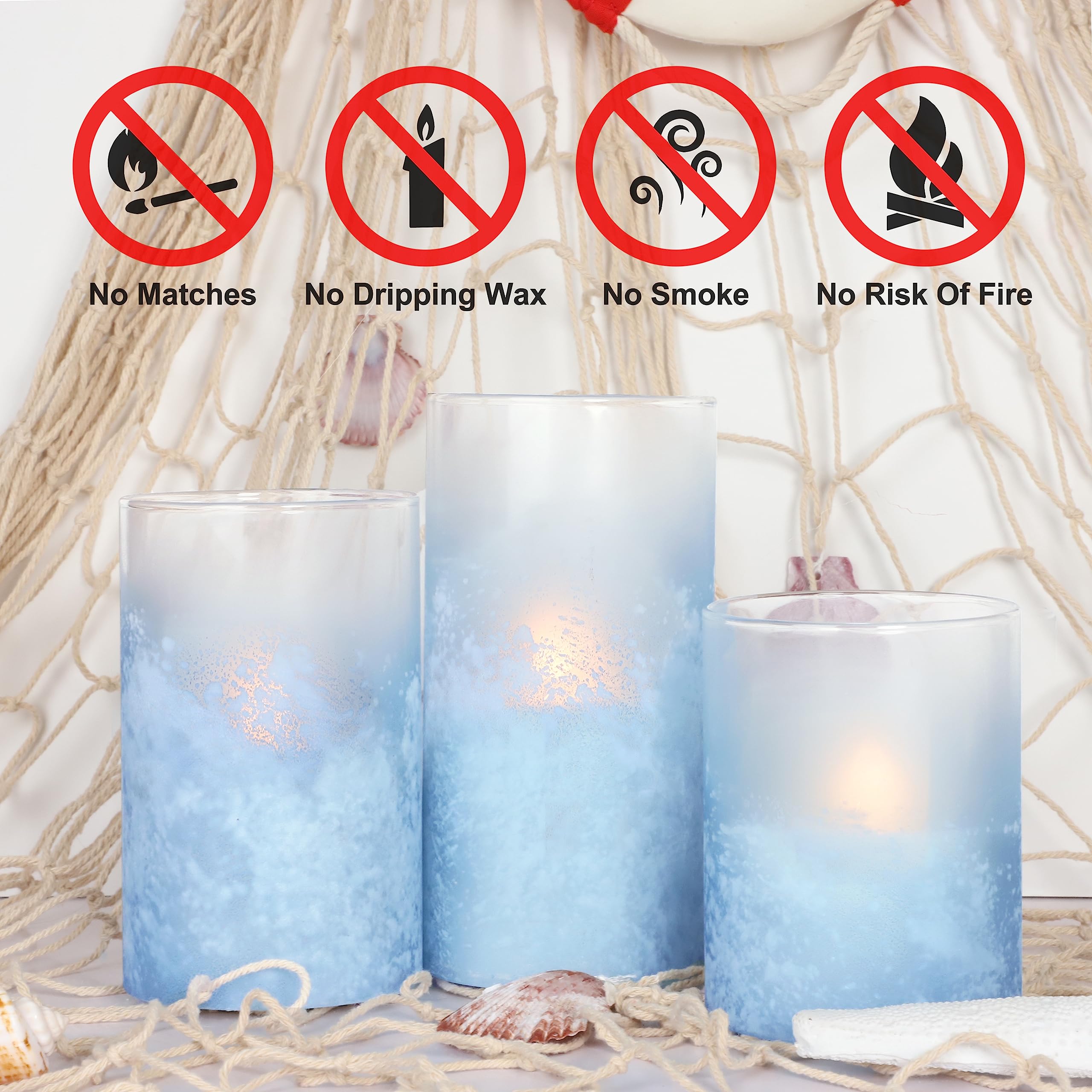 Blue Glass Flameless LED Candles with Sandblast Design - Battery Operated with Remote & Timer - Perfect for Coastal, Birthday, Home, Bathroom, Nautical & Beach Decor - Romantic Ambiance for Weddings, Dinners & Relaxing Baths