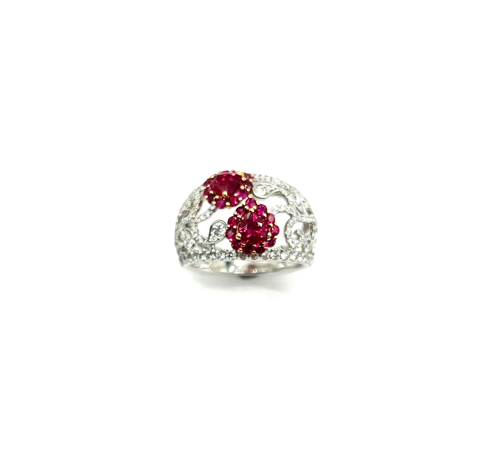 18K White Gold Ruby and Diamond Floral Cutout Ring for Women - Elegant Vintage Style Engagement, Wedding, Anniversary Jewelry Gift