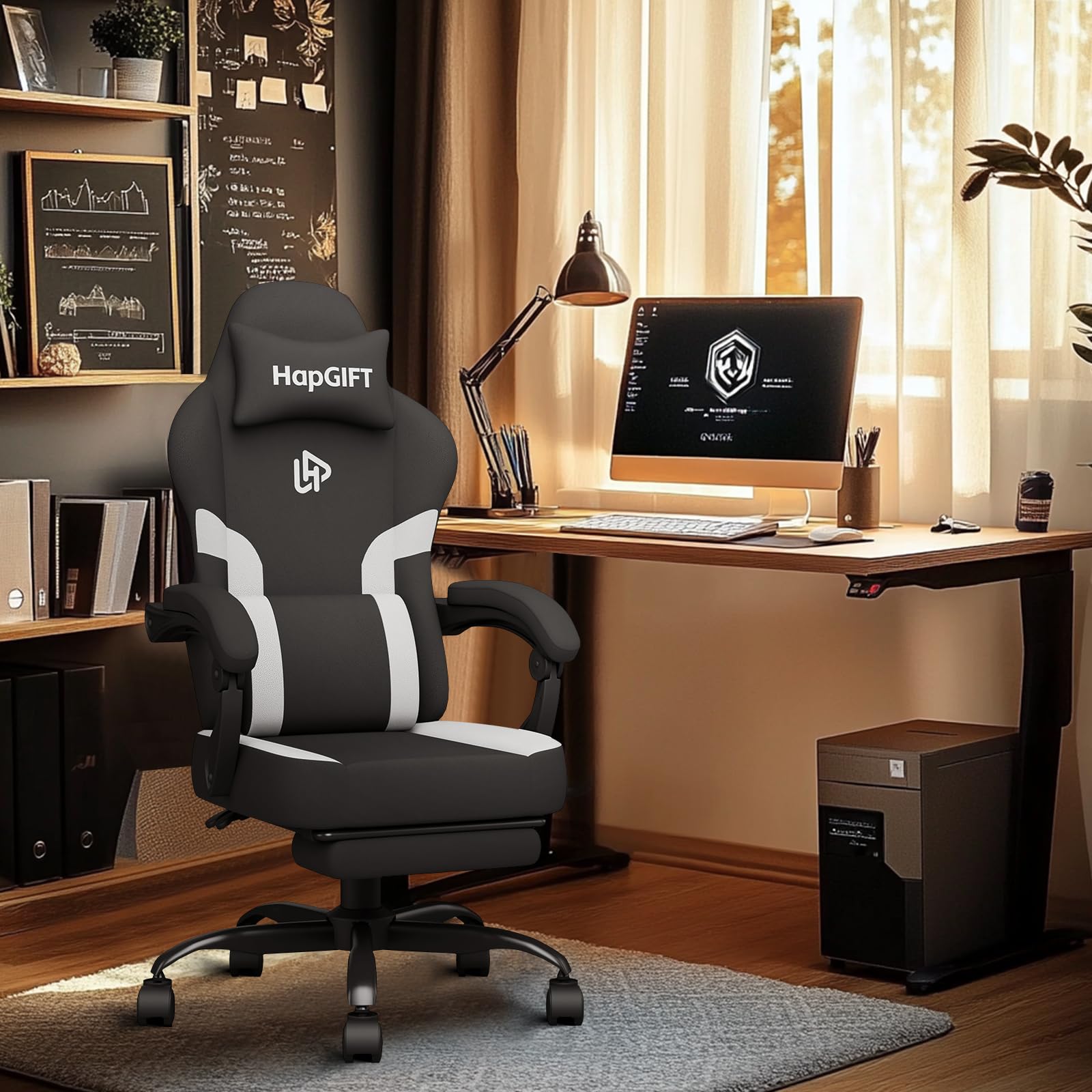 HapGIFT Ergonomic Gaming Chair with Massage Lumbar Support & Footrest - Adjustable High Back Office Computer Chair with Headrest - Breathable Technical Fabric for Adults (Black-White) - Perfect for PC Gaming, Home Office & Streaming Setup