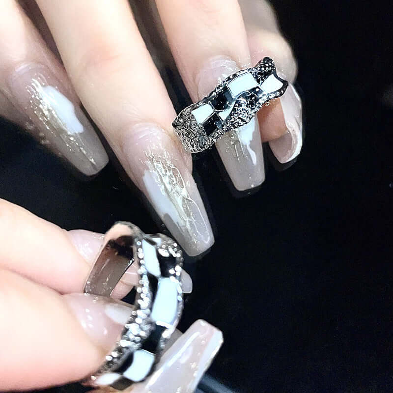 Black & White Checkerboard Layered Silver Ring for Women | JZ2517 | Elegant Stackable Jewelry for Everyday Wear & Special Occasions