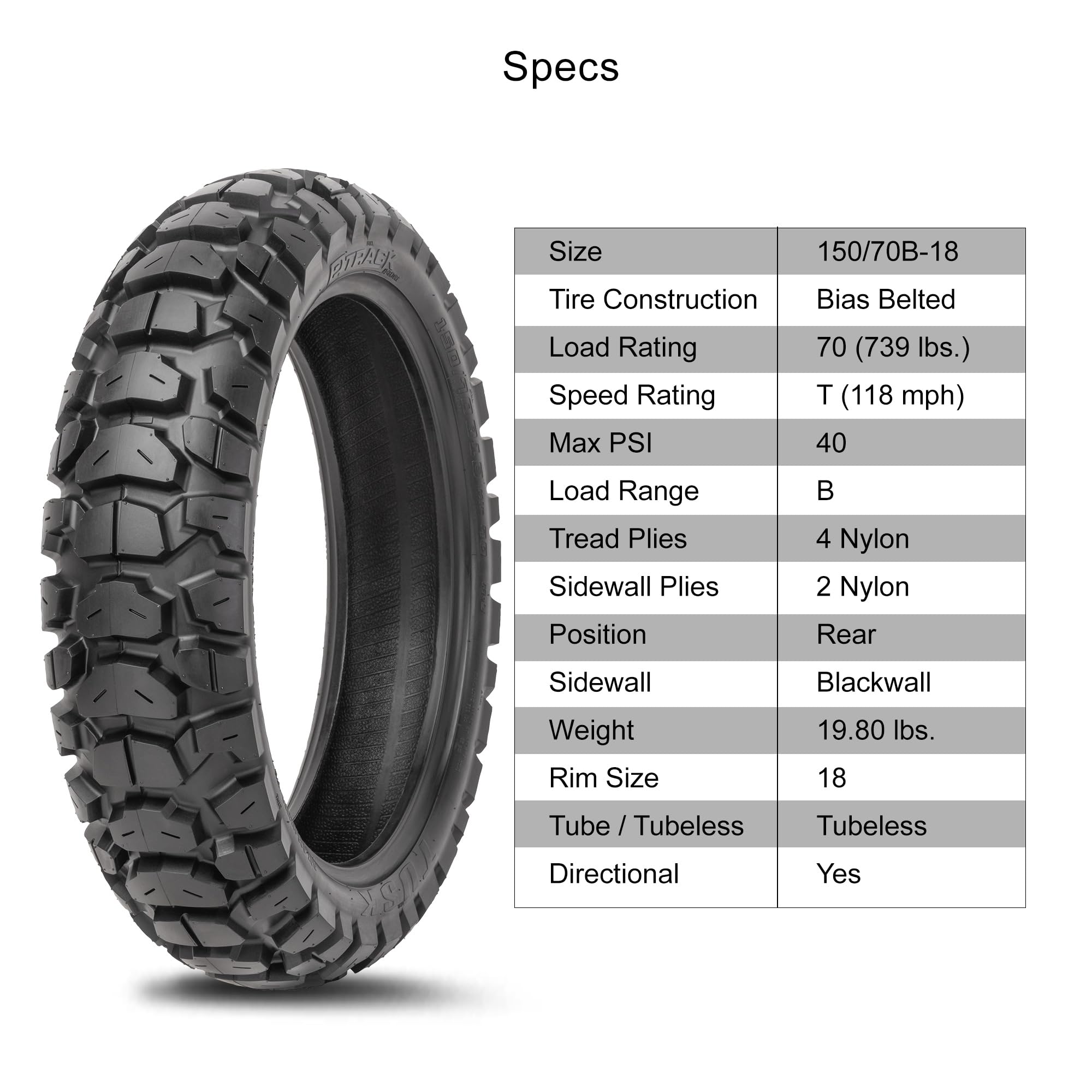 Tusk 2Track Adventure Tire Rear 150/70B-18 (70T) - High-Performance Off-Road Motorcycle Tire for Dirt Bikes & Dual-Sport Riding