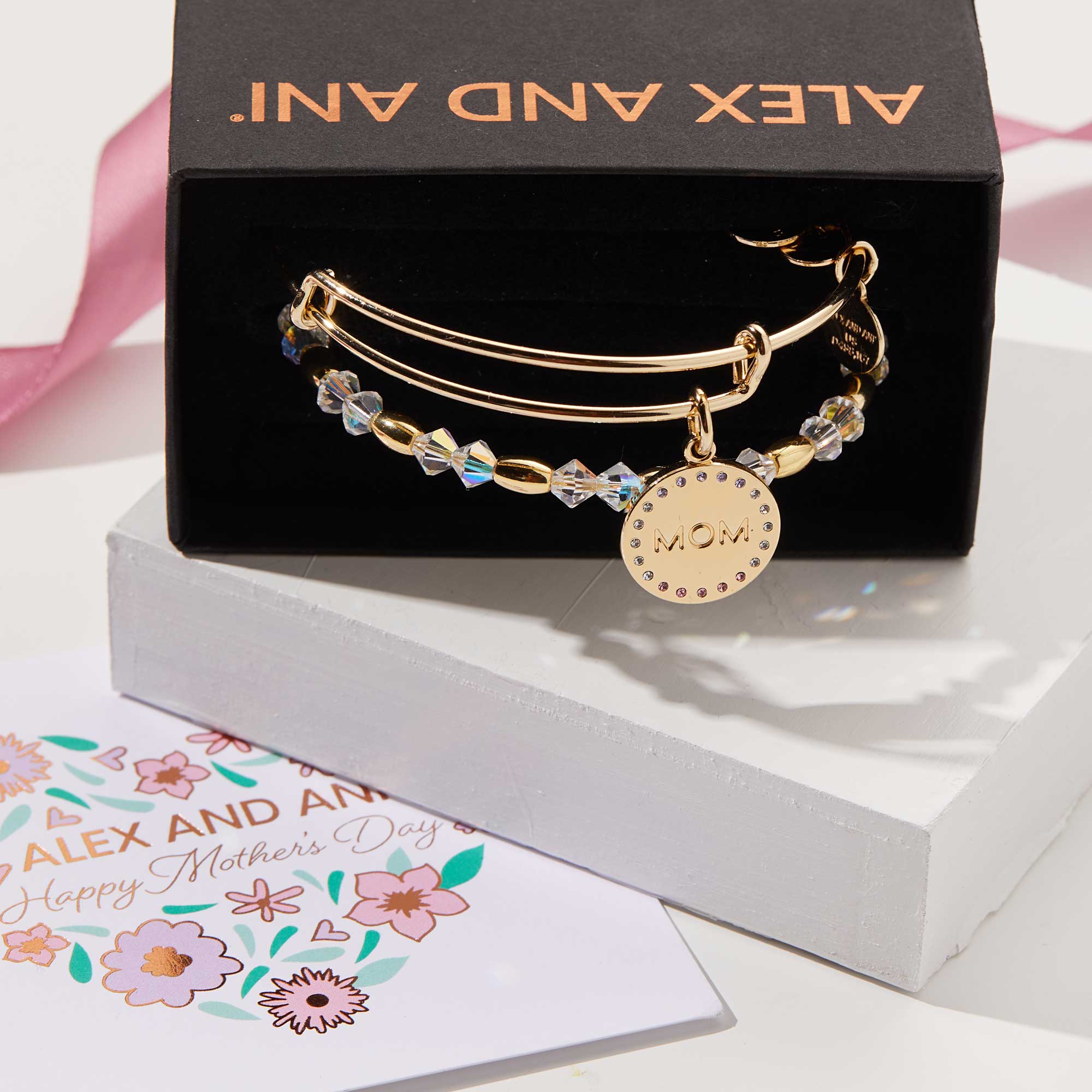 Elegant Crystal Infusion 'Mom' Charm Bangle Set of 2 - Perfect Gift for Mother's Day, Birthday & Anniversary - Stylish Jewelry for Women
