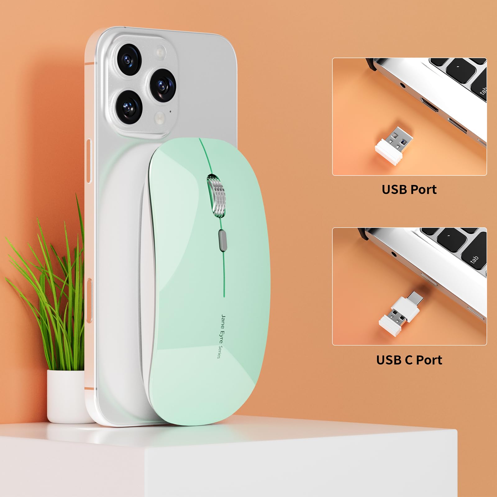 UCiefy Q5 Slim Rechargeable Wireless Mouse - Ultra Thin 2.4G Silent Optical Mouse with USB Receiver & Type-C Adapter for PC, Laptop, Desktop - Mint Green | Perfect for Office, Home & Travel Use