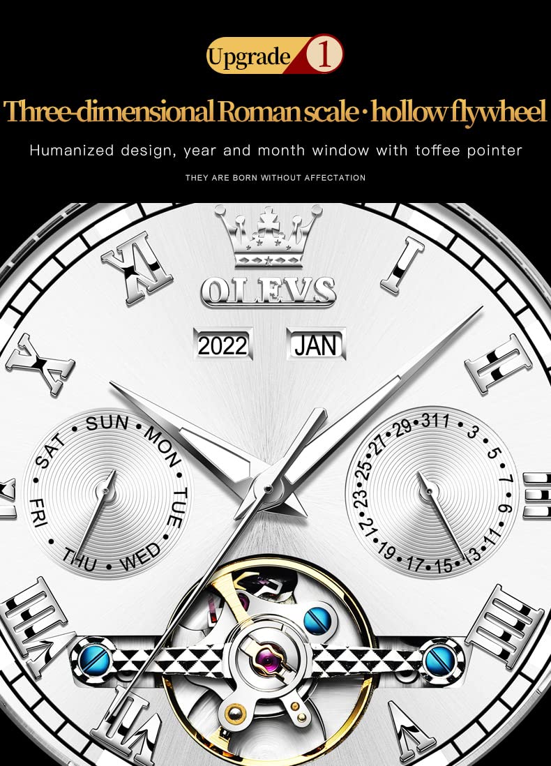 OLEVS Automatic Skeleton Watches for Men - Self Winding Mechanical Watch with Tourbillon, Date Display & Waterproof Stainless Steel Case | Luxury Dress Watch for Business, Formal Occasions & Everyday Wear