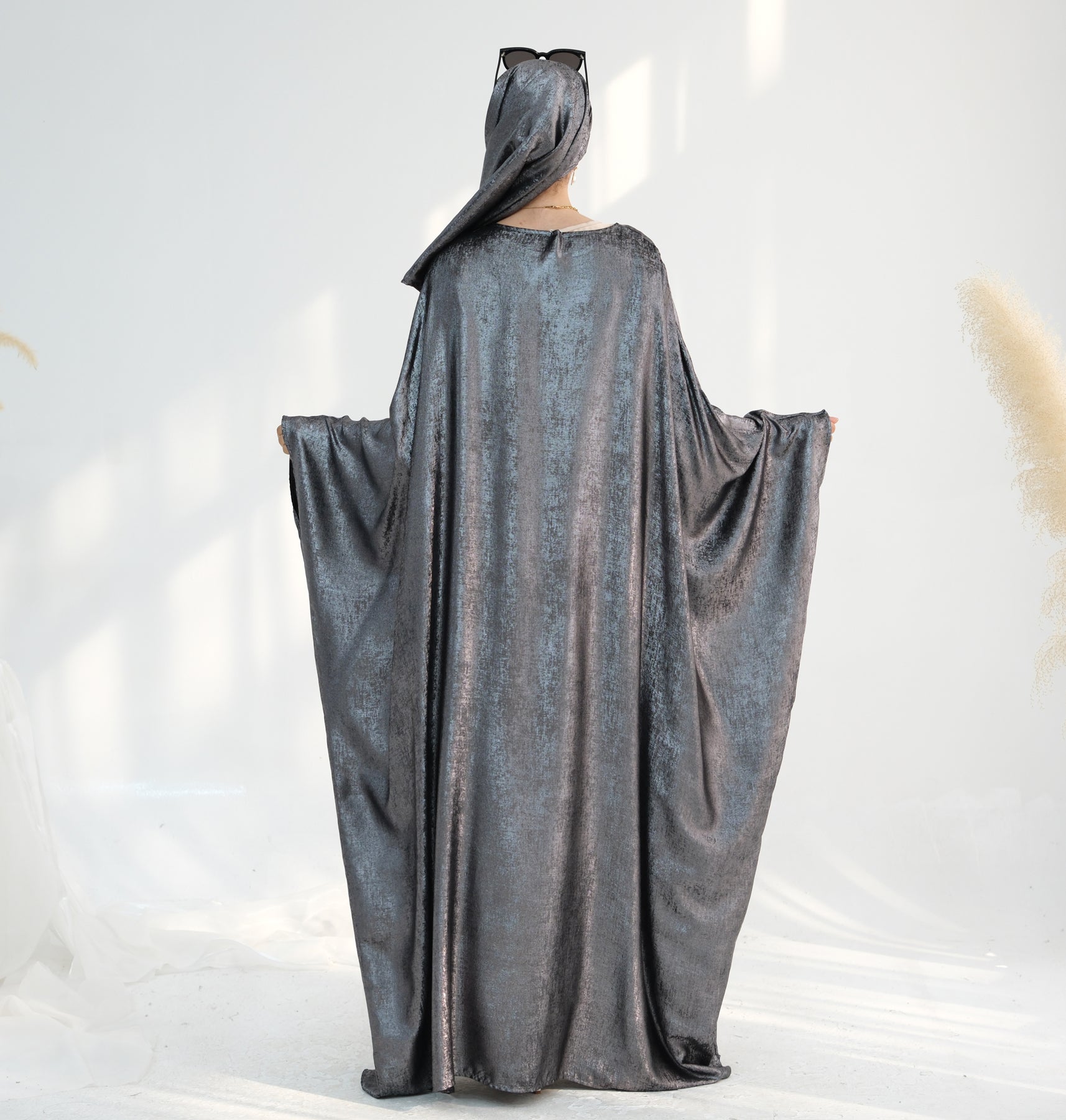 Linora Shimmer Butterfly Abaya - Elegant Gray Islamic Dress for Women | Perfect for Eid, Ramadan & Special Occasions