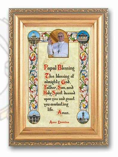 Pope Francis Blessing Framed Wall Art - Antique Gold Leaf Finish with Acanthus Leaf Design - Religious Home Decor for Living Room, Bedroom & Office