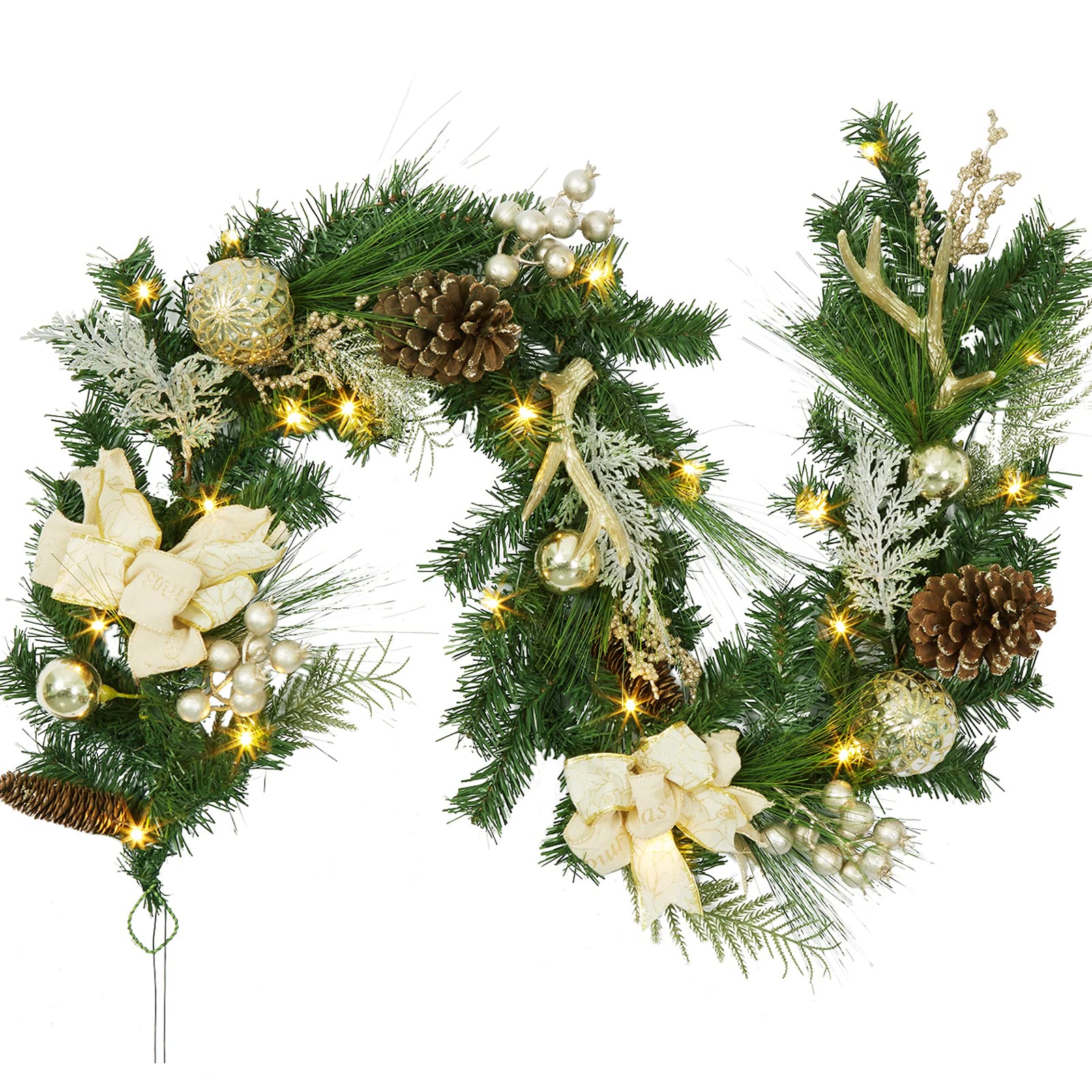 Adeeing 6 FT Pre-Lit Christmas Garland with 20 LED Battery Operated Lights - Outdoor Holiday Decoration with Stars, Flowers & Berry Branches in Gold | Perfect for Fireplace Mantel, Staircase & Front Door Decor