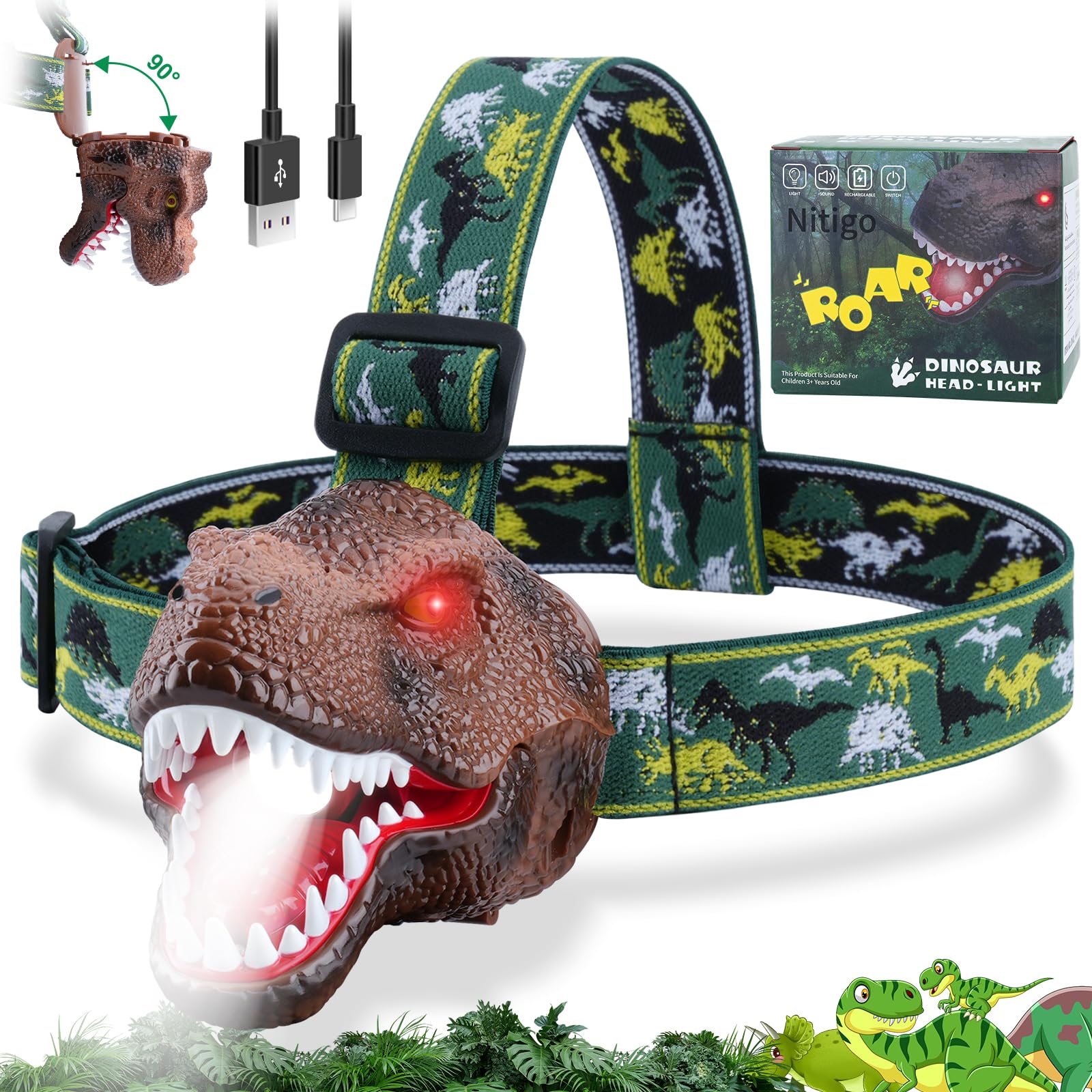 Rechargeable Dinosaur Headlamp for Kids - T-Rex LED Flashlight with Roar Mode for Camping & Gifts