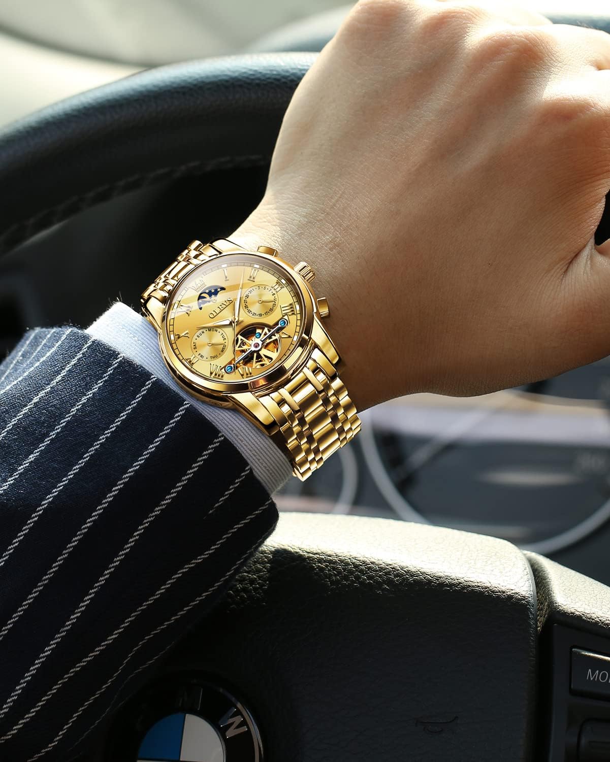 OLEVS Men's Automatic Skeleton Tourbillon Mechanical Watch - Self Winding Luxury Dress Watch with Moon Phase, Day Date, Waterproof & Luminous - Perfect for Business, Formal Events & Gifts for Him