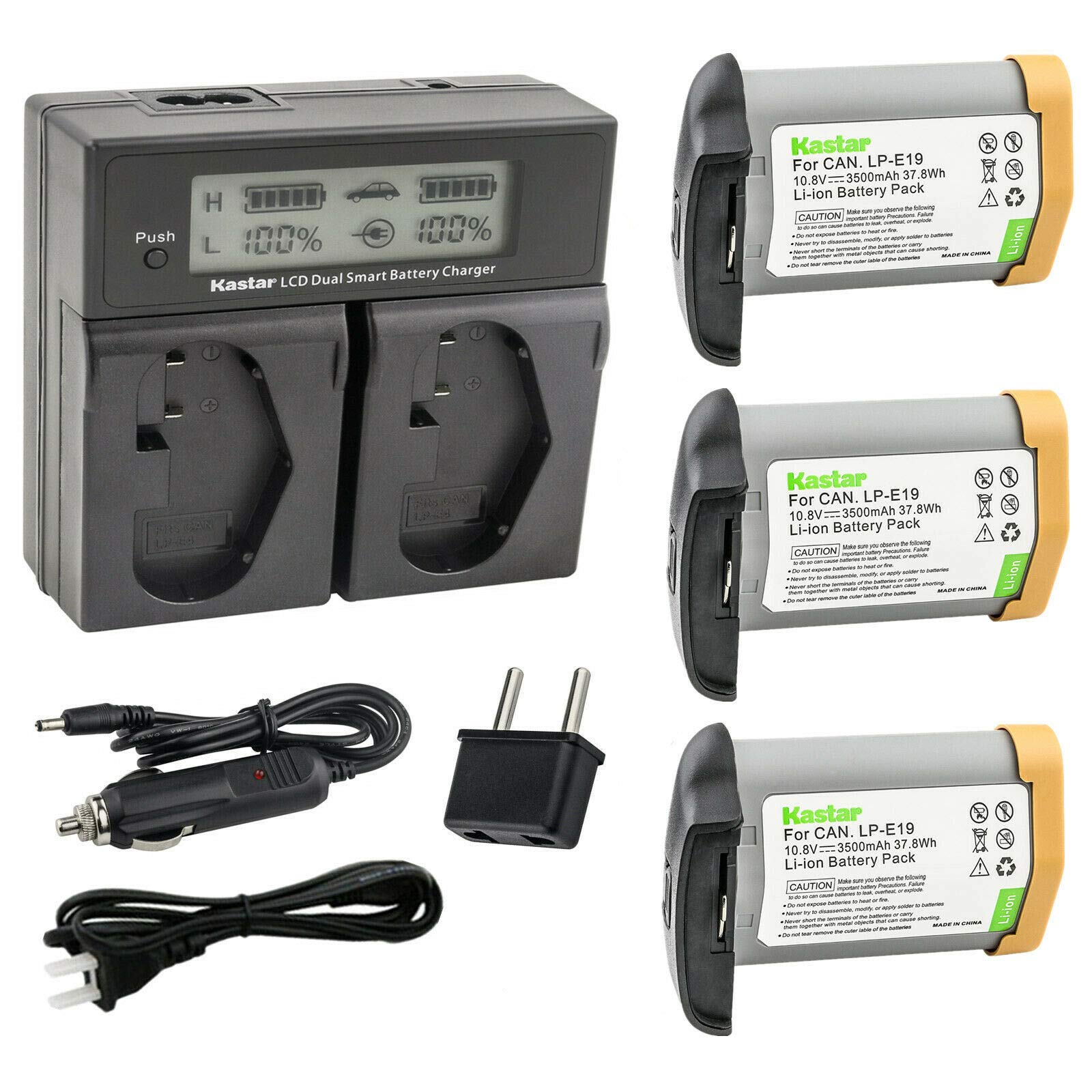 Kastar 3-Pack Fully Decoded LP-E19 Battery & LCD Dual Fast Charger for Canon LP-E19/LP-E19N/LP-E4/LP-E4N - Compatible with Canon 5751B002, LC-E4/LC-E4N/LC-E19/LC-E19N Chargers - Perfect for Travel, Photography & Professional Shoots