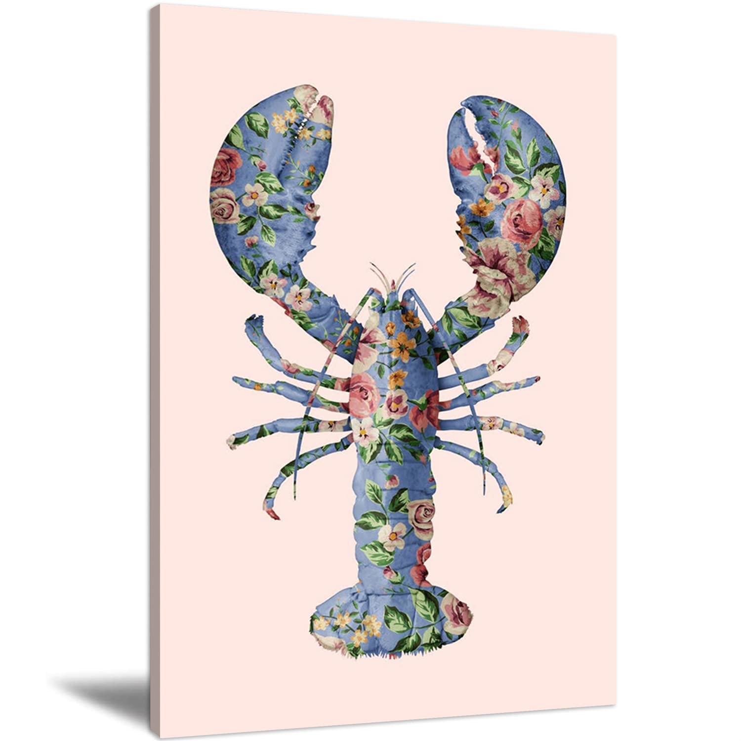 Floral Lobster Framed Canvas Wall Art - Modern Abstract Oil Painting for Home, Living Room & Bedroom Decor - Animal Art Print Ready to Hang (24x36 Inches) - Perfect for Coastal, Nautical or Farmhouse Style Interiors