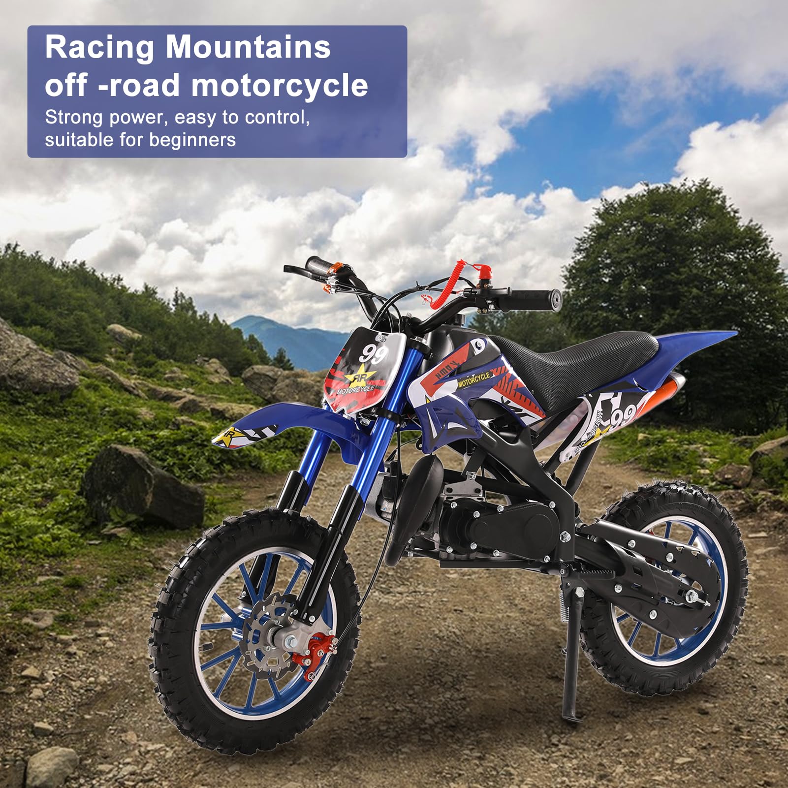 50CC Mini Dirt Bike for Kids & Adults - 2-Stroke Gas Powered Off-Road Motorcycle, 30MPH Pocket Rocket Trail Bike (330Lbs Max Load) - Blue/Red - Perfect for Backyard Riding, Trail Adventures & Off-Road Fun