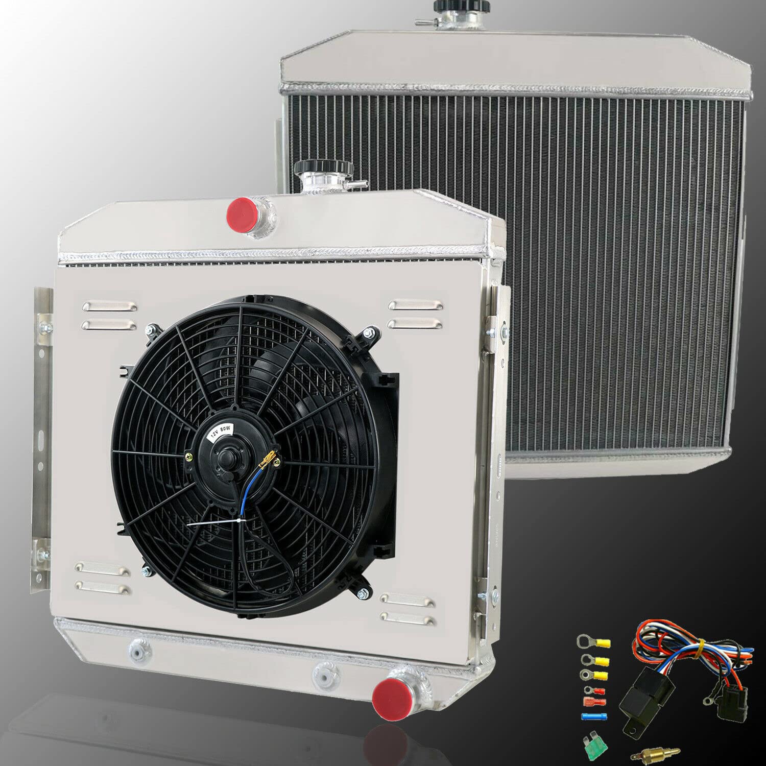 ALLOYWORKS 3-Row Core Aluminum Radiator with Shroud Fan & Relay Kit - Compatible with 1955-1957 Chevy Bel-Air, Del Ray L6/V8 Engines - High-Performance Cooling for Classic Car Restoration & Hot Rod Upgrades
