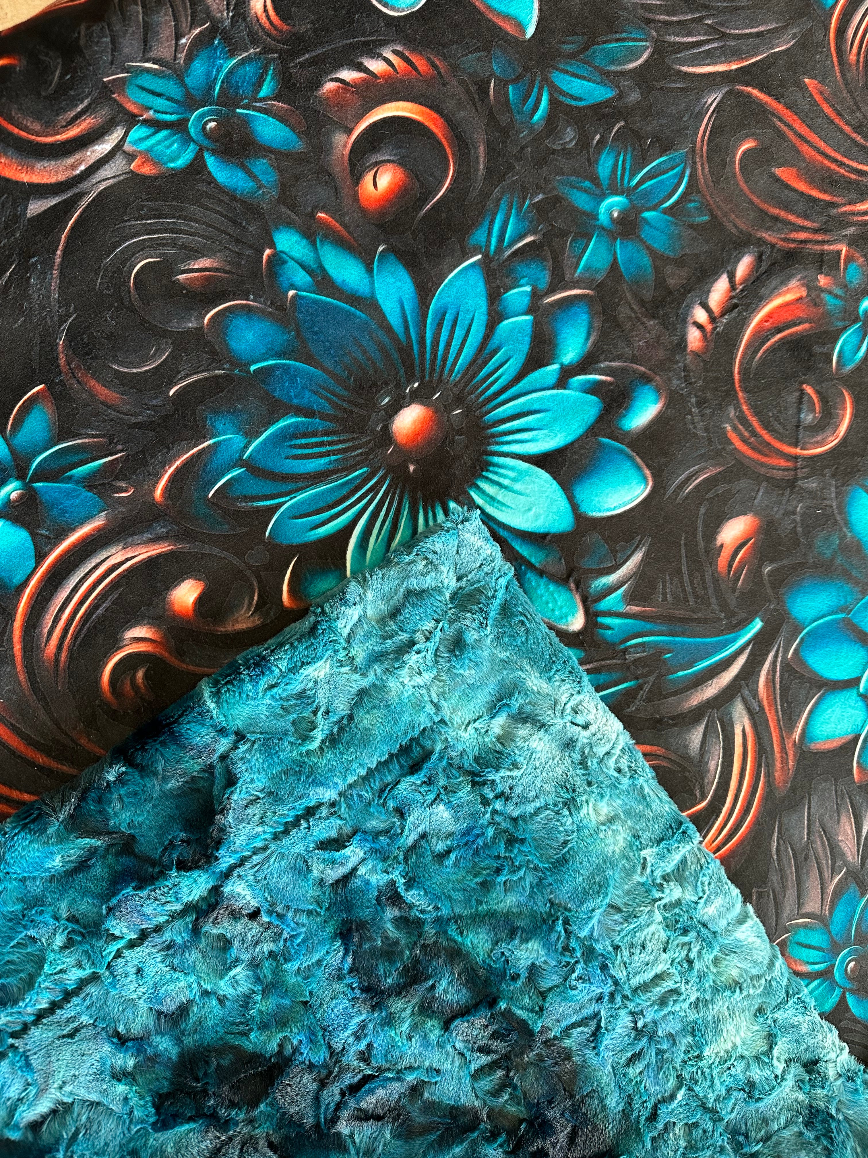 Hand-Tooled Leather Turquoise Floral Design Luxury Minky Blanket 55x79 Inches - Soft Large Throw Blanket for Bed, Sofa & Home Decor