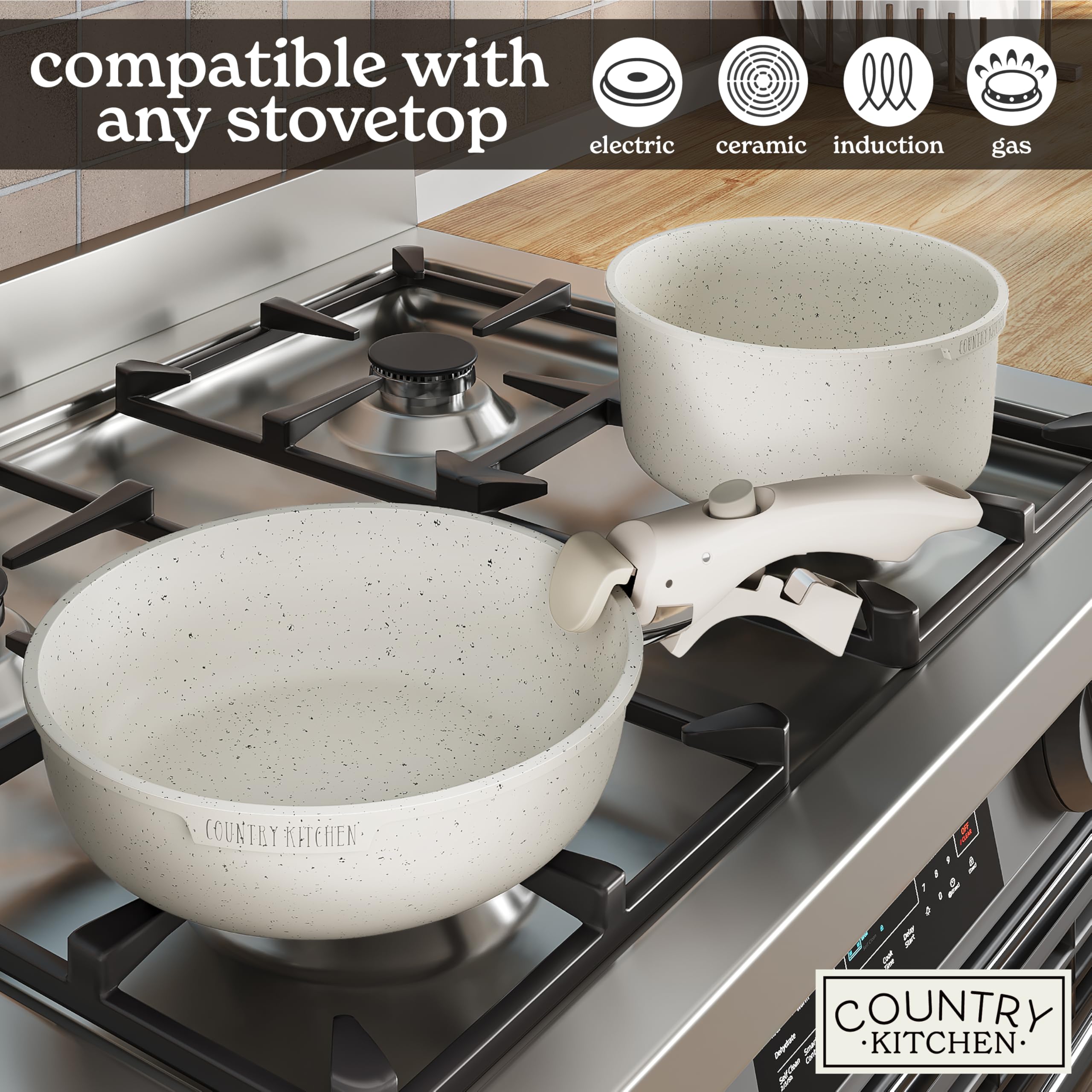 Country Kitchen Cookware Set with Removable Handle - Oven & RV Safe Nonstick Pots and Pans Set in Cream Color | Perfect for Camping, RV Trips & Small Space Cooking
