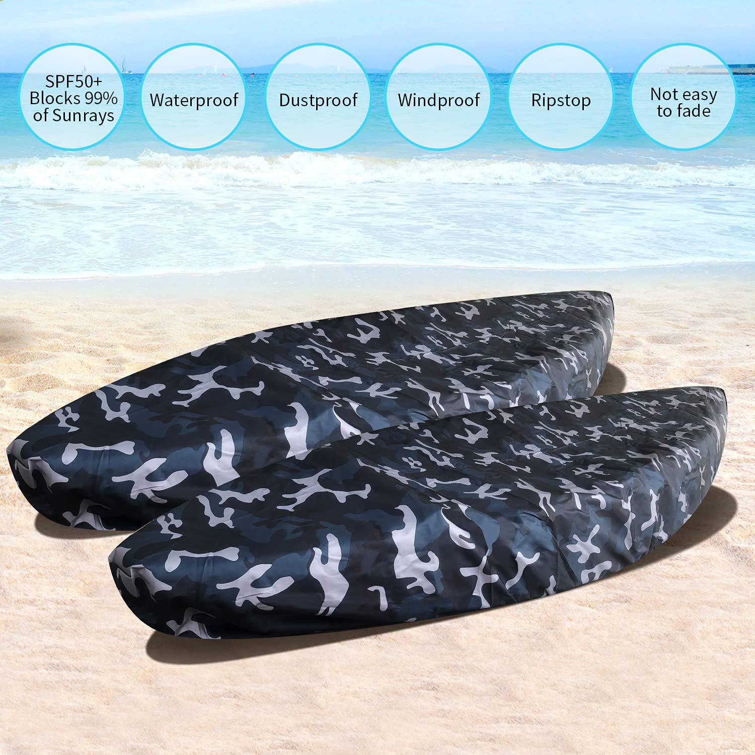 **7.8-18.2ft Waterproof 420D Thickened Kayak Canoe Cover - UV Protection, Sun Shield, Dust & Outdoor Storage Boat Cover for Kayaks & Canoes (Fits 9.3-10.7ft, Ocean Camo) - Ideal for Kayaking, Canoeing & Outdoor Storage**