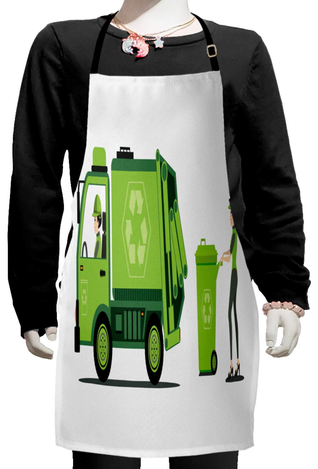 Ambesonne Adjustable Garbage Truck Apron - Green Monochrome Recycling Themed Cartoon Design for Baking, Painting & Trash Collection - Small Size Apple Green & White Bib Apron with Ties - Perfect for Kitchen Staff, Artists & Sanitation Workers
