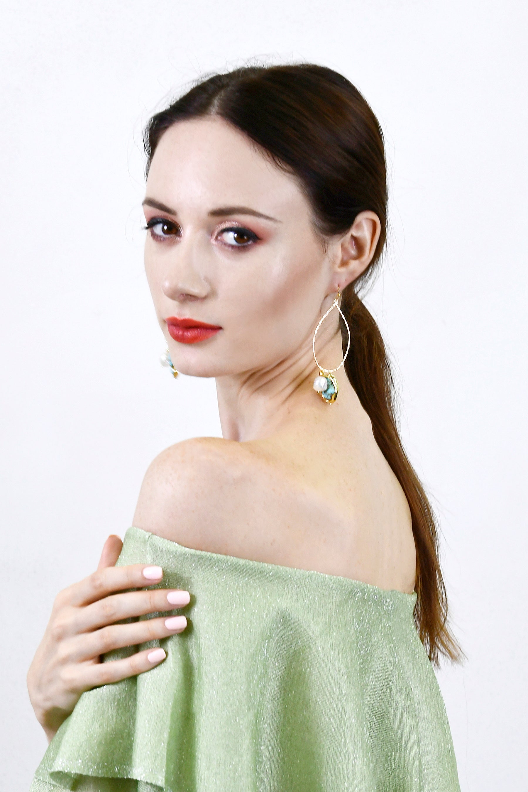Elegant Turquoise & Freshwater Pearl Dangle Earrings AE025 - Perfect for Weddings, Parties & Special Occasions
