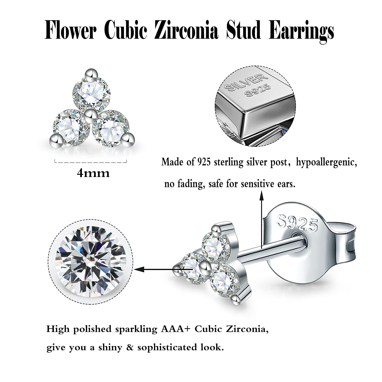 Sterling Silver Flower Stud Earrings for Women & Men - 1 Pair 4mm Cubic Zirconia CZ Earrings | Hypoallergenic Cartilage & Tragus Piercing Jewelry for Teens - Perfect for Everyday Wear, Gifts & Special Occasions