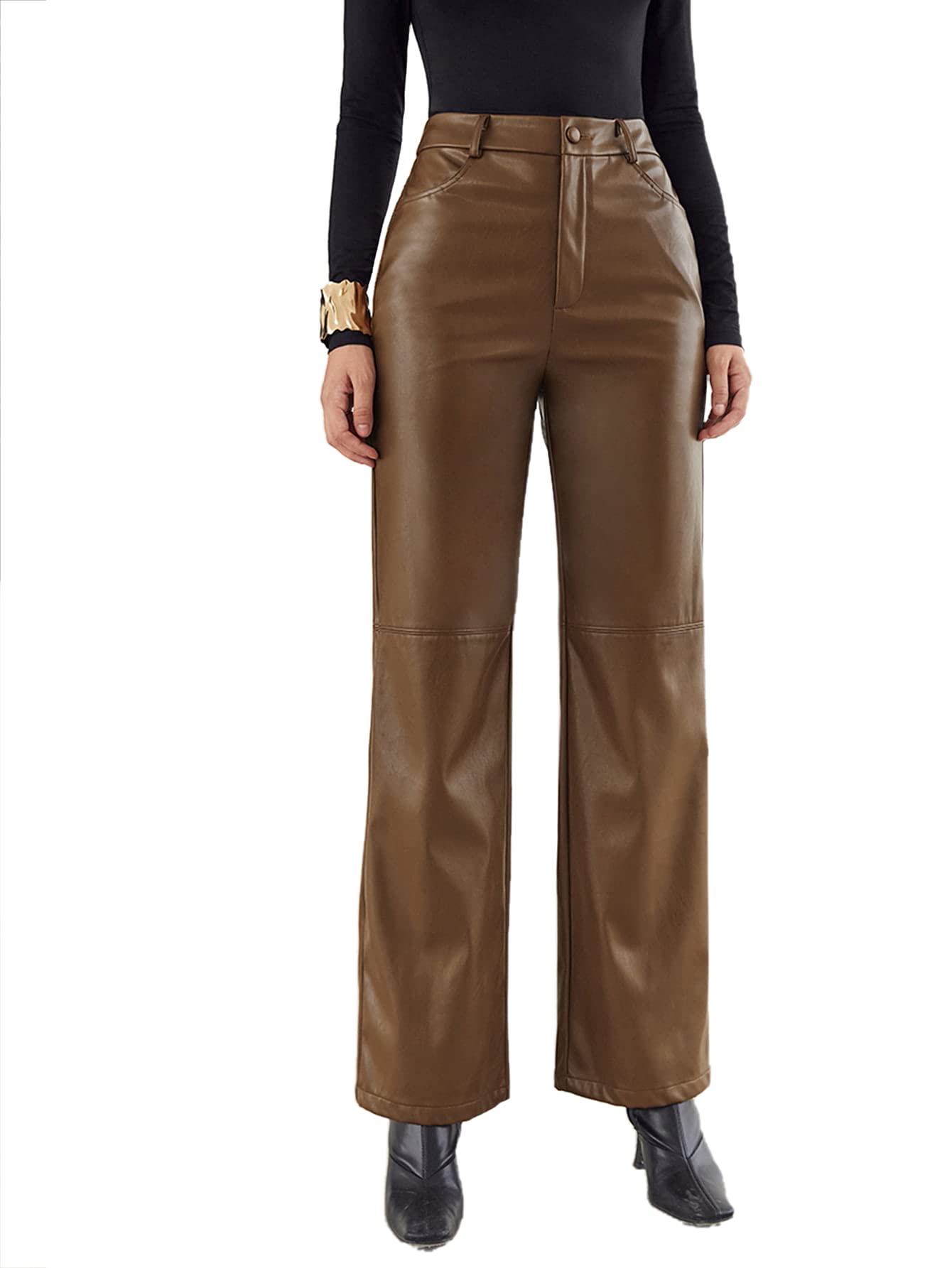 Stylish Women's Faux Leather Pants - Straight Wide Leg High Waist Trousers for Casual & Office Wear | Perfect for Fall Winter Outfits & Night Out